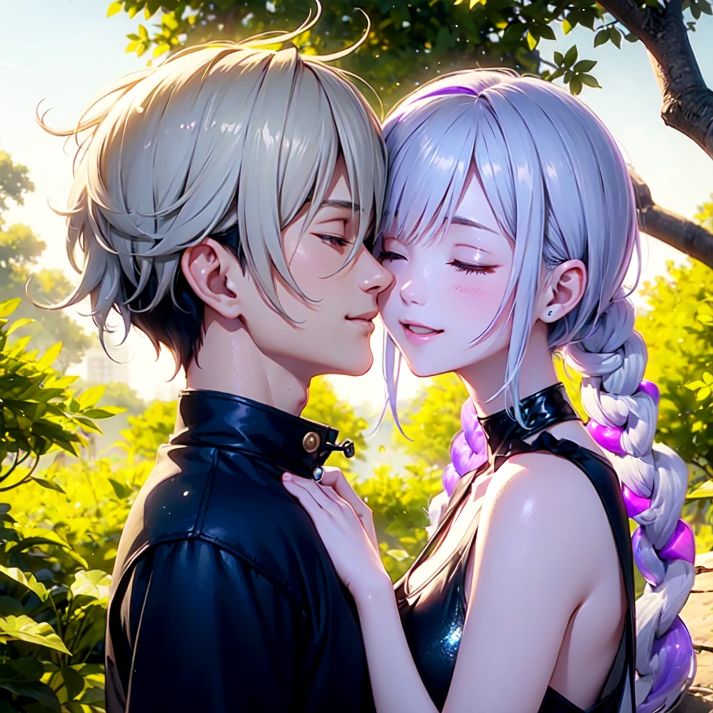 Disorganized、Man and woman couple、highest quality、Masterpiece、Official Art、16K、The best composition、The best light source、The girl has milky white hair with purple inner color, twin long braids, and black clothes in a cyberpunk style.、The man has milky white short hair and a cyberpunk look in white and light blue.、A kind smile、They are touching foreheads, closing their eyes and smiling happily.、The glitter of sunlight filtering through the trees、