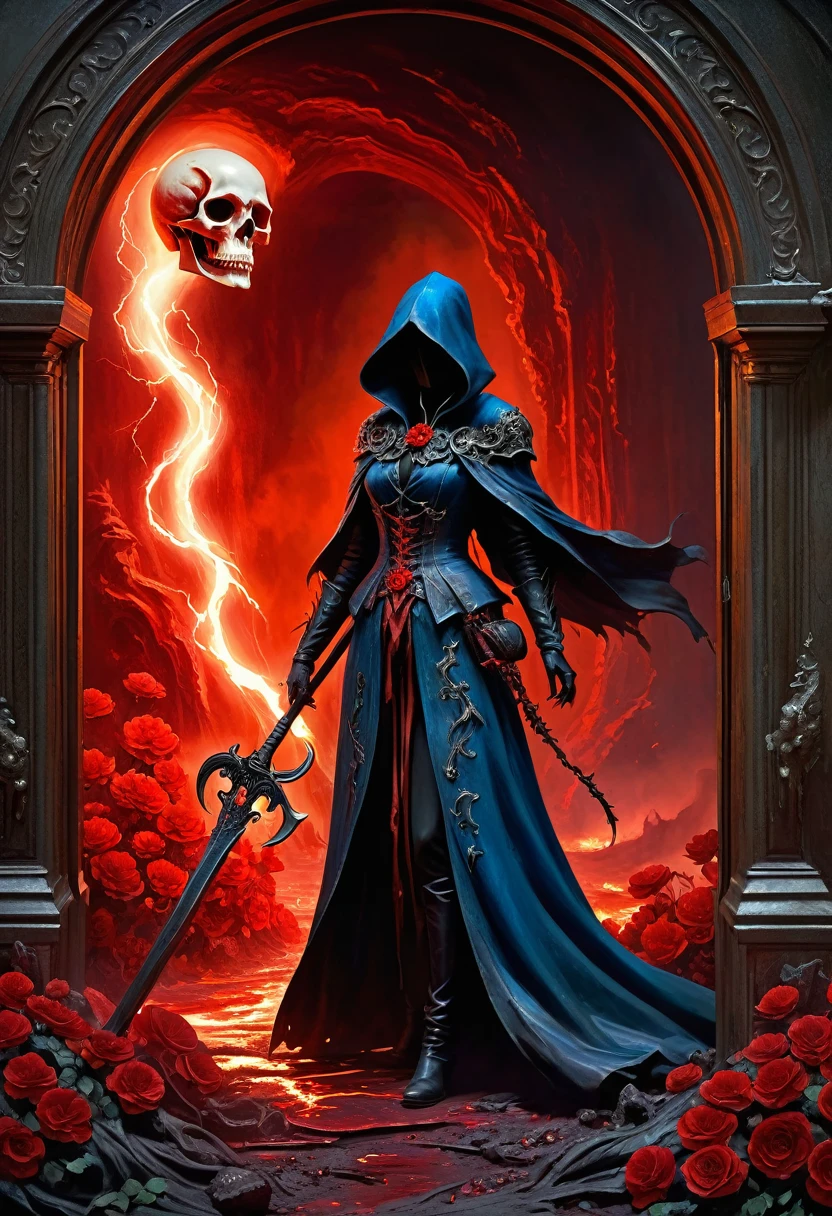 A painting of a beautiful red-robed female death standing in front of,Door of hell,Blooming bloody ghost flower,soul,Charm,frivolous,mystery,Reaper's Scythe ,Heavy Metal Style,Metal Art,The flowers made of iron have a metallic luster,Metal texture in the post-industrial era,Crystal Pendant,Jadeite Inlay,Carefully crafted,Perfect craftsmanship,Blue magic lightning background,Dark fantasy art,Dark fantasy concept art,Bloodborne concept art,Dark Concept Art,Dark Digital Concept Art,Dark fantasy art style,CG Society,Red Blood Art,Realistic Dark Concept Art,Concept Movies,Art in dark fantasy style,Fantasy illustration