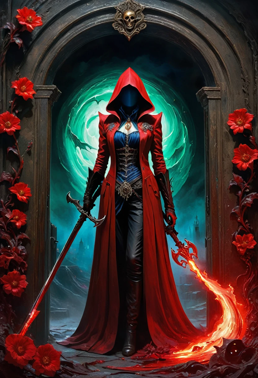 A painting of a beautiful red-robed female death standing in front of,Door of hell,Blooming bloody ghost flower,soul,Charm,frivolous,mystery,Reaper's Scythe ,Heavy Metal Style,Metal Art,The flowers made of iron have a metallic luster,Metal texture in the post-industrial era,Crystal Pendant,Jadeite Inlay,Carefully crafted,Perfect craftsmanship,Blue magic lightning background,Dark fantasy art,Dark fantasy concept art,Bloodborne concept art,Dark Concept Art,Dark Digital Concept Art,Dark fantasy art style,CG Society,Red Blood Art,Realistic Dark Concept Art,Concept Movies,Art in dark fantasy style,Fantasy illustration