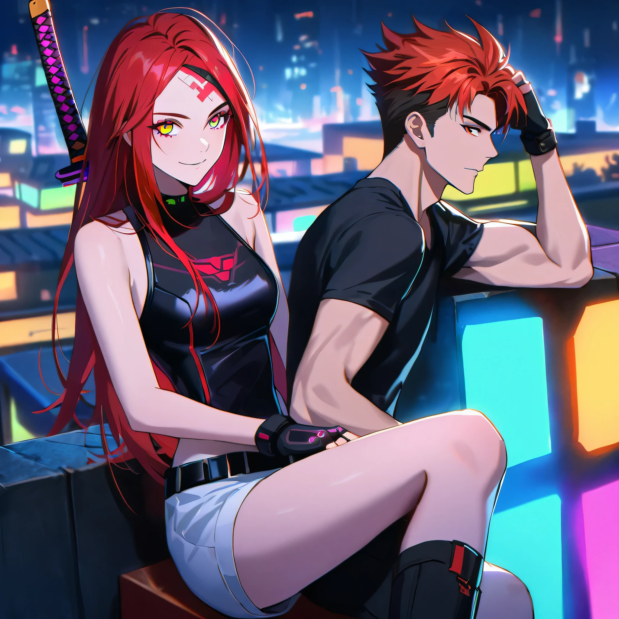 two persons, A man and a girl , man with short and red hair messy upwards with some ultra long strands falling on the forehead, holding a perfect neon katana wearing a leather white jacket and black t shirt, sitting and confident pose, confidente smile, cyberpunk, night, fingerless gloves , red hair, neon eyes, ultra detailed face, gorgeous cute girl with very white long hair, parkour, cyberpunk tweaks, city rooftops, dangerous look