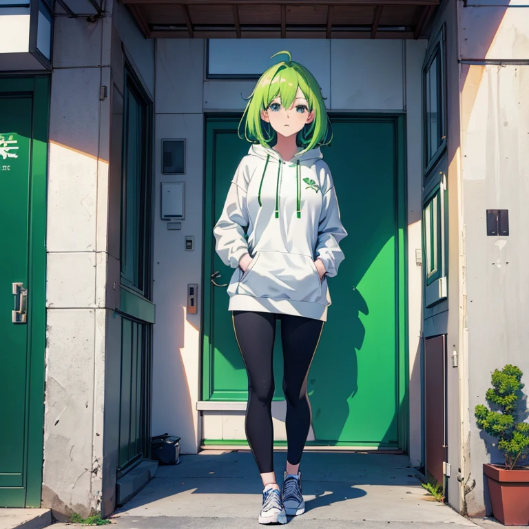 Anime girl with green hair and white hoodie standing in front of a building, Anime Style 4 k, Anime Styled digital art, Anime Style portrait, Anime Style. 8k, Anime Art Wallpapers 8K, anime art wallpaper 4k, anime art wallpaper 4k, Digital anime illustration, Best Anime 4K Konachan Wallpaper, Realistic anime art style, Anime Style illustration