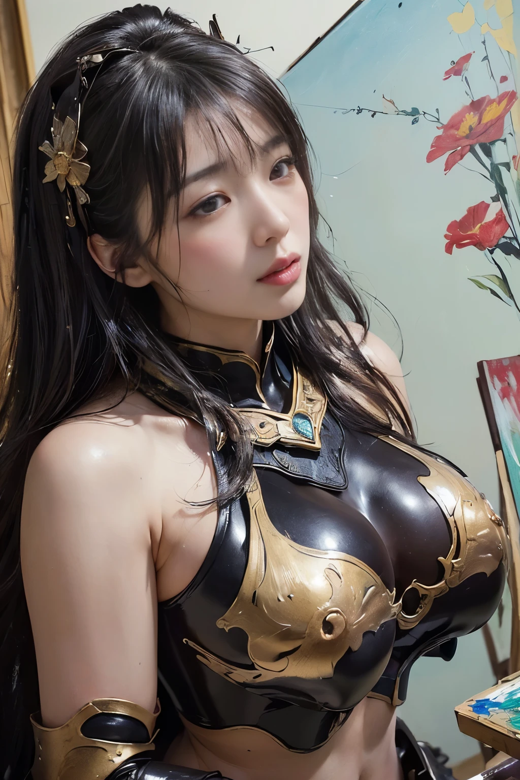 (8k, highest quality, masterpiece)，{Realistic, RAW Photos, Super Fine Clear, Portraiture, (Delicate brushwork, small touch, Beauty Painting, Yasutomo Oka's painting style:1.6)}, Realistic Light, Detailed skin, (Beautiful woman with slim body, Age 25, Heavy armored cavalry:1.5), Thin legs, fine grain, Long white wavy hair, Detailed fingers, thin, Sexual, Expressions of Ecstasy, sweat, (Dynamic and sexy pose, Alluring, Indulgent, Decadent, Sensual, Luscious,Fascinating:1.6), (super-huge Bouncy Firm Bust:1.8), (Heavy armor, Heavy equipment, sexy armor:1.2),(the armor has a wide open chest:1.6), Japanese dance, (Flower storm, romantic:1.6), Wide and beautiful view,