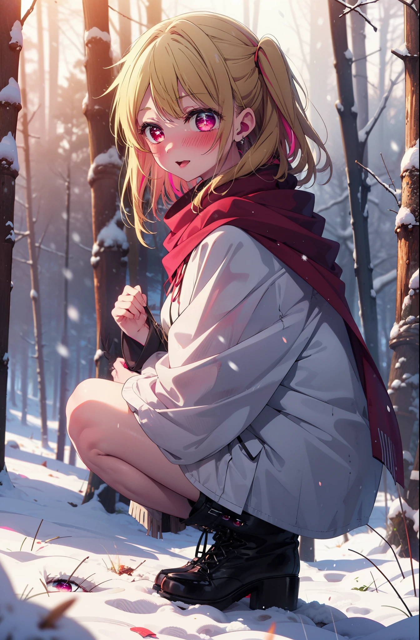 rubyhoshino, Hoshino Ruby, Long Hair, bangs, Blonde Hair, (Pink Eyes:1.3), (Symbol-shaped pupil:1.5), Multicolored Hair, Two-tone hair, smile,blush,White Breath,
Open your mouth,snow,Ground bonfire, Outdoor, boots, snowing, From the side, wood, suitcase, Cape, Blurred, , forest, White handbag, nature, Squat, Mouth closed, Cape, winter, Written boundary depth, Black shoes, red Cape break looking at viewer, Upper Body, whole body, break Outdoor, forest, nature, break (masterpiece:1.2), highest quality, High resolution, unity 8k wallpaper, (shape:0.8), (Beautiful and beautiful eyes:1.6), Highly detailed face, Perfect lighting, Extremely detailed CG, (Perfect hands, Perfect Anatomy),