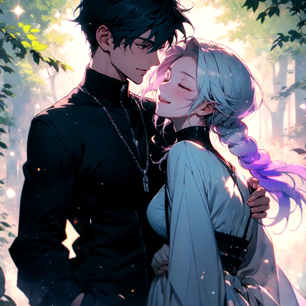 Disorganized、Man and woman couple、highest quality、Masterpiece、Official Art、16K、The best composition、The best light source、The girl has milky white hair with purple inner color, twin long braids, and black clothes in a cyberpunk style.、The man has milky white short hair and a cyberpunk look in white and light blue.、A kind smile、They are touching foreheads, closing their eyes and smiling happily.、The glitter of sunlight filtering through the trees、