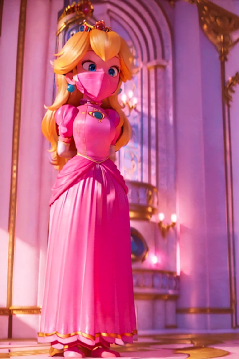 (Inside a doungeon),  A  Princess Peach wearing a beautiful hot long pink dress, she is over 6 feet tall and wears a golden crown atop her blond hair and white gloves , ((full model view, full body view)), (shibari, bondage, arms behind back:1.4), standing, shibari, , (tight face mask), (tigth mask), (face masked), (mas gag)