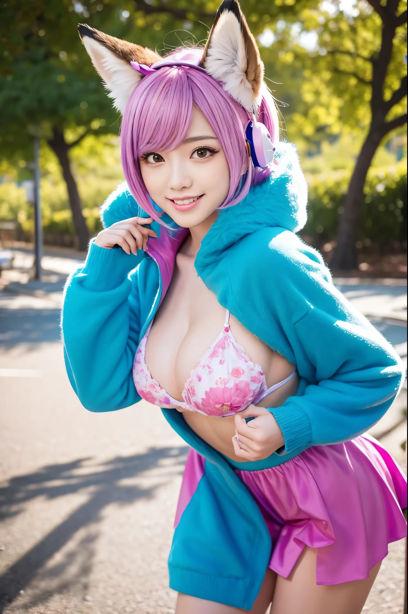 ultra sexy female, (-anime), only 1 female, very short hair, beautiful smile, lipgloss, long lashes, defined eyebrows, detailed fox anime cosplay, fluffy fur vivid colors outfit, cosplay accessoires, fox ears, vivid colors, look at the camera, cinematic light, large park background with trees, sweet and sexy pose