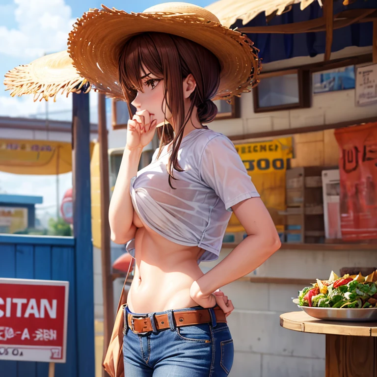 A woman in full-zip shorts eats a tlayuda at a taco stand　Jeans have a belt　　　With side slits　Big Ass　　Upper body naked　Brown Hair　Straw hat