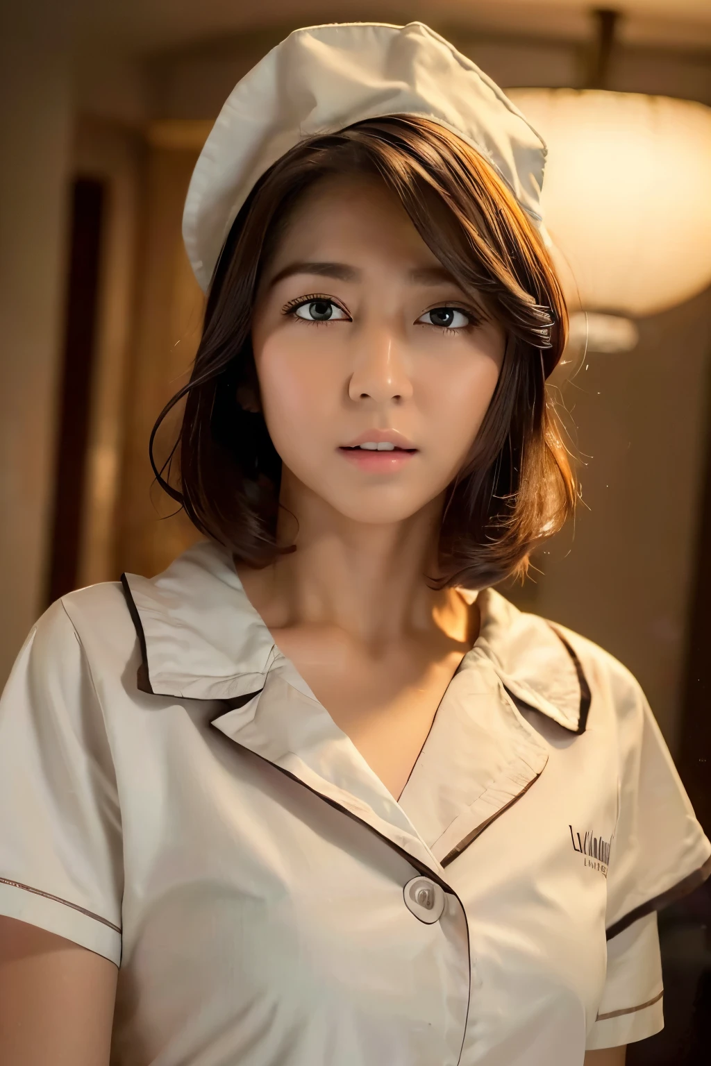 (Best quality, 8k, 32k, Masterpiece, UHD:1.2),Photo of Pretty Japanese woman, 1girl, (medium-short dark brown hair), (large breasts), double eyelid, White nurse uniform, small white nurse (cap), white shirt, open shirt, hospital, patient's room, upper body, sexy