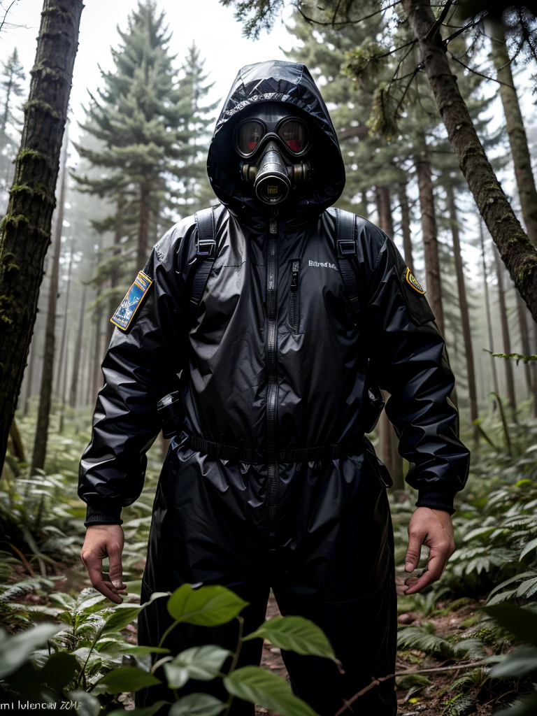 raw photo, STALKER , stalker style, exclusion zone, man in a chemical protection suit, military, hood, gas mask, in a radiation zone, in a radioactive forest, dead forest, looking at the camera, gloomy lighting, dark colors,