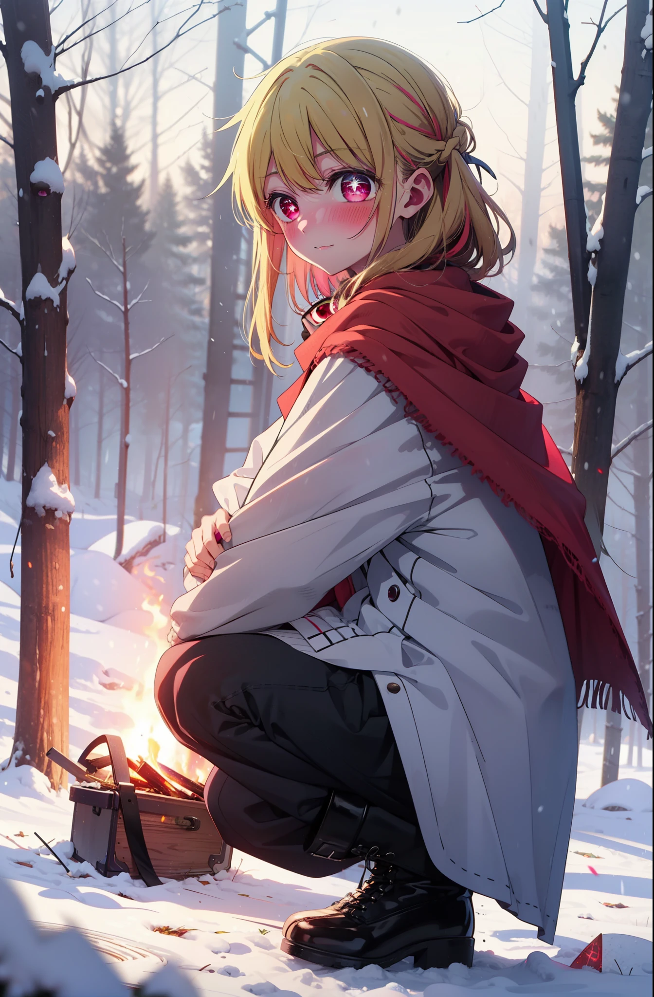 rubyhoshino, Hoshino Ruby, Long Hair, bangs, Blonde Hair, (Pink Eyes:1.3), (Symbol-shaped pupil:1.5), Multicolored Hair, Two-tone hair, smile,blush,White Breath,
Open your mouth,snow,Ground bonfire, Outdoor, boots, snowing, From the side, wood, suitcase, Cape, Blurred, , forest, White handbag, nature, Squat, Mouth closed, Cape, winter, Written boundary depth, Black shoes, red Cape break looking at viewer, Upper Body, whole body, break Outdoor, forest, nature, break (masterpiece:1.2), highest quality, High resolution, unity 8k wallpaper, (shape:0.8), (Beautiful and beautiful eyes:1.6), Highly detailed face, Perfect lighting, Extremely detailed CG, (Perfect hands, Perfect Anatomy),
