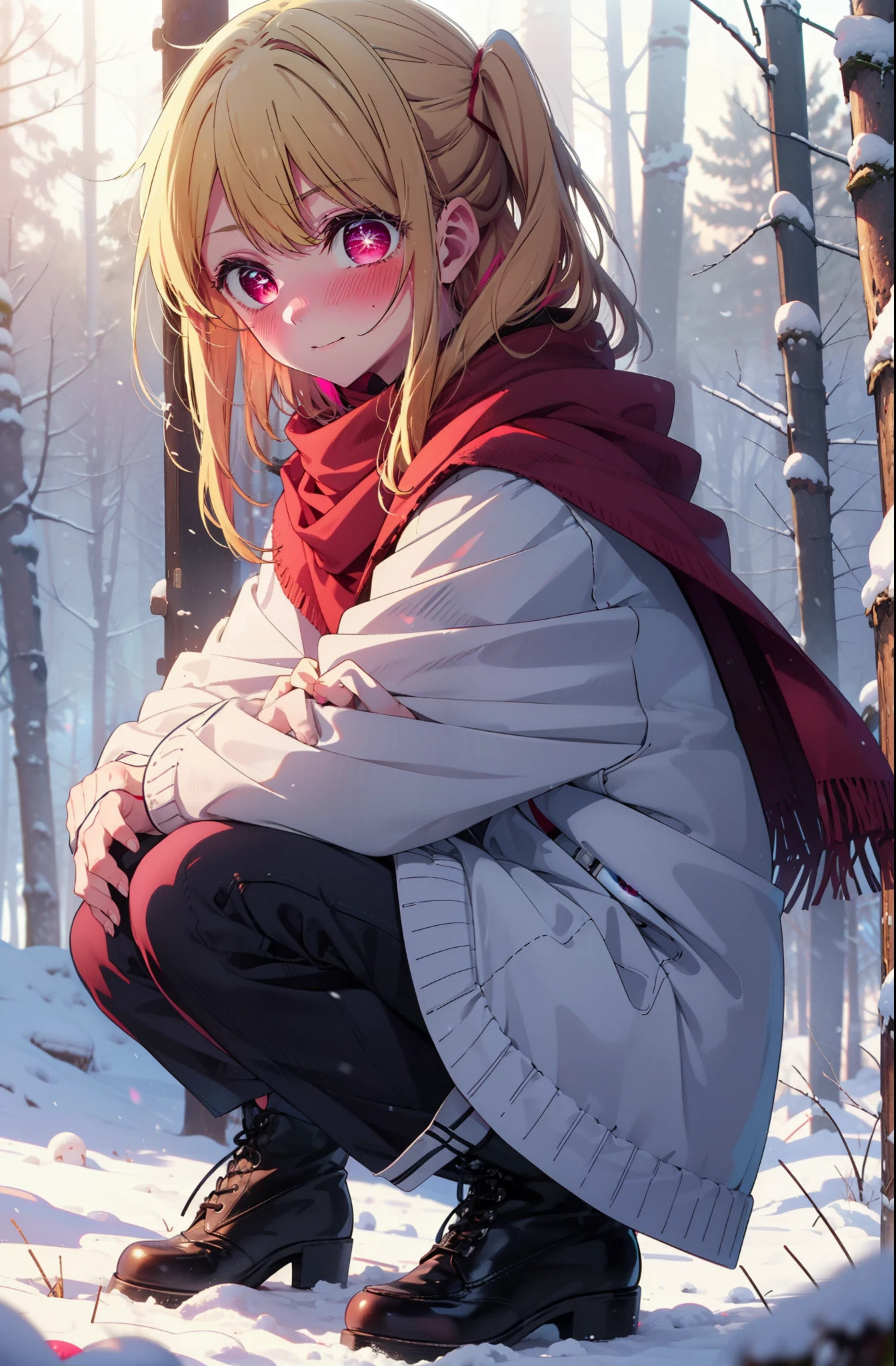 rubyhoshino, Hoshino Ruby, Long Hair, bangs, Blonde Hair, (Pink Eyes:1.3), (Symbol-shaped pupil:1.5), Multicolored Hair, Two-tone hair, smile,blush,White Breath,
Open your mouth,snow,Ground bonfire, Outdoor, boots, snowing, From the side, wood, suitcase, Cape, Blurred, , forest, White handbag, nature,  Squat, Mouth closed, Cape, winter, Written boundary depth, Black shoes, red Cape break looking at viewer, Upper Body, whole body, break Outdoor, forest, nature, break (masterpiece:1.2), highest quality, High resolution, unity 8k wallpaper, (shape:0.8), (Beautiful and beautiful eyes:1.6), Highly detailed face, Perfect lighting, Extremely detailed CG, (Perfect hands, Perfect Anatomy),