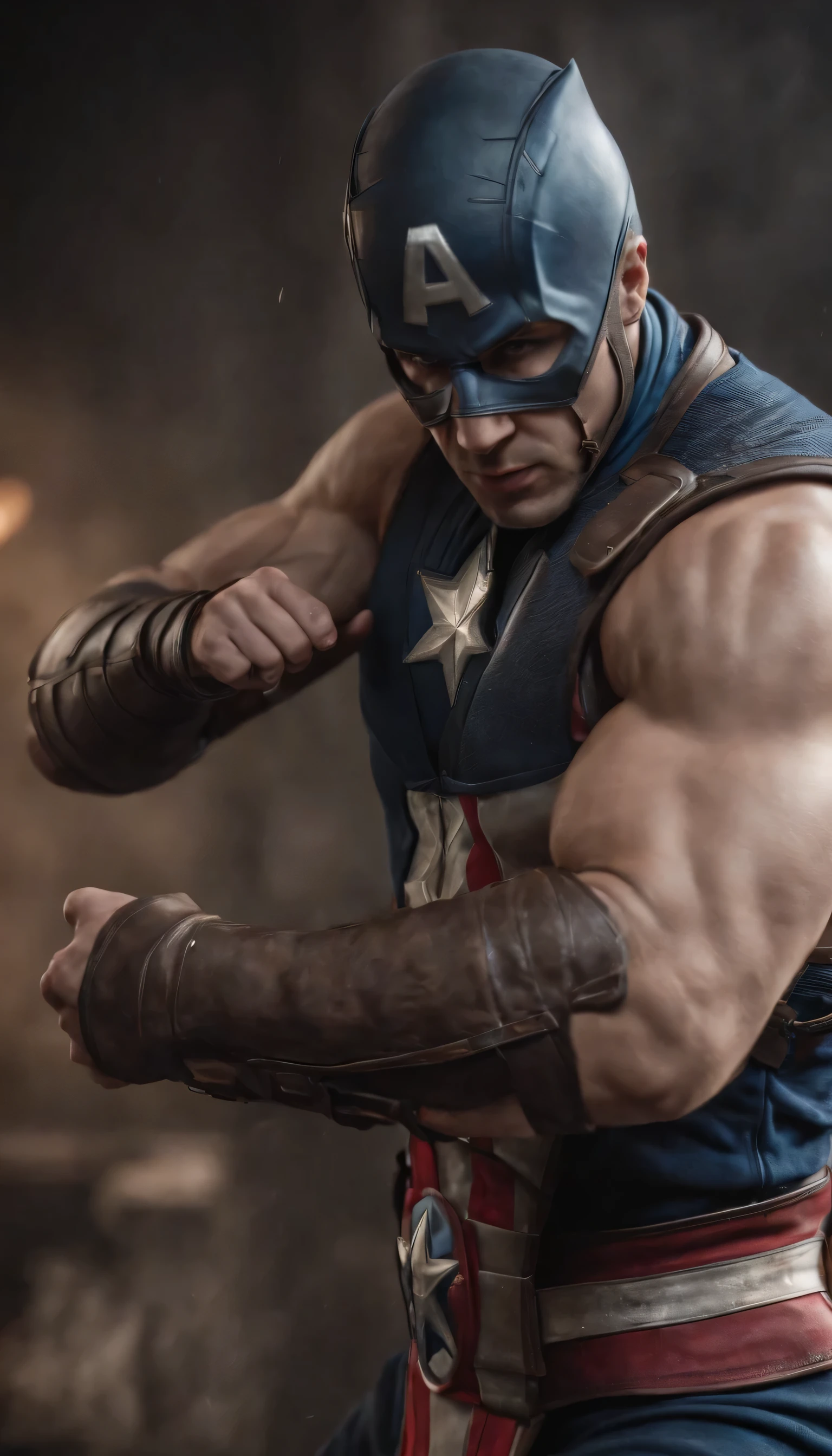 mortal kombat Captain America character concept super strong, muscular, ABS, 35mm lens, photography, ultra details, HDR, UHD, 8K