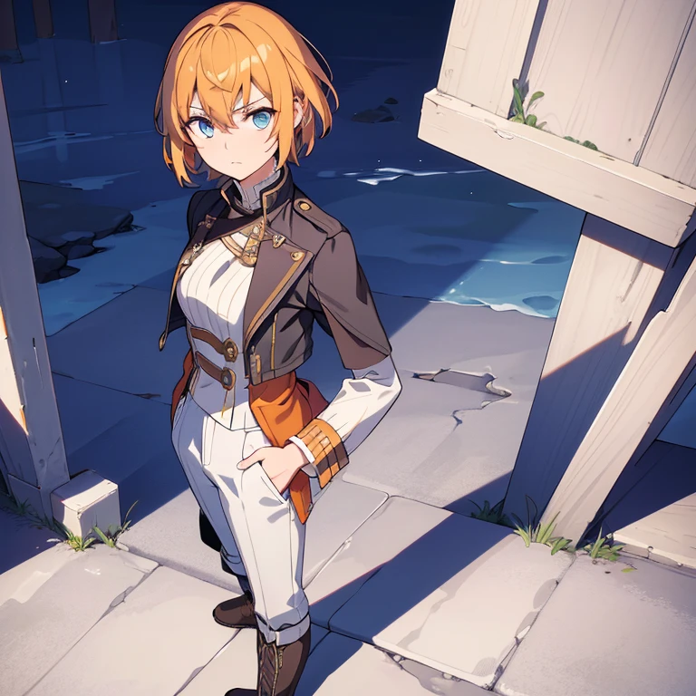 (Highest resolution, distinct_image) Excellent, masterpiece, high detail, semi-realistic, Dishonored 2, a very beautiful woman, solo, normal handsome stance, short yellow hair, blue eyes, indifferent expression, 18 years old, young, tall and strong , white and orange military uniform, trousers, military pants, military boots, military uniform, military school, confident, serious, high-cold and proud, standing on a cliff, overlooking