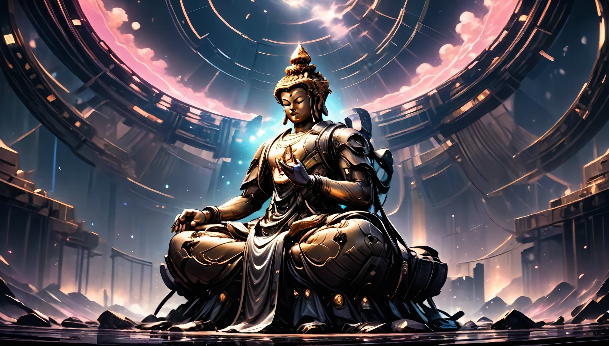 (best quality,highres,ultra-detailed,realistic:1.37),immersive view of the Sacred Mountain with the Enlightened One, Buddha, in the center, surrounded by vibrant neon lights and a cyberpunk atmosphere. The Buddha statue is made of a liquid metal material, reflecting the surrounding lights in a mesmerizing way. The details of the statue are meticulously crafted, showcasing the serene face, intricate hand gestures, and a glowing halo behind. The scene is bathed in a soft, ethereal light, creating a peaceful yet futuristic ambiance.