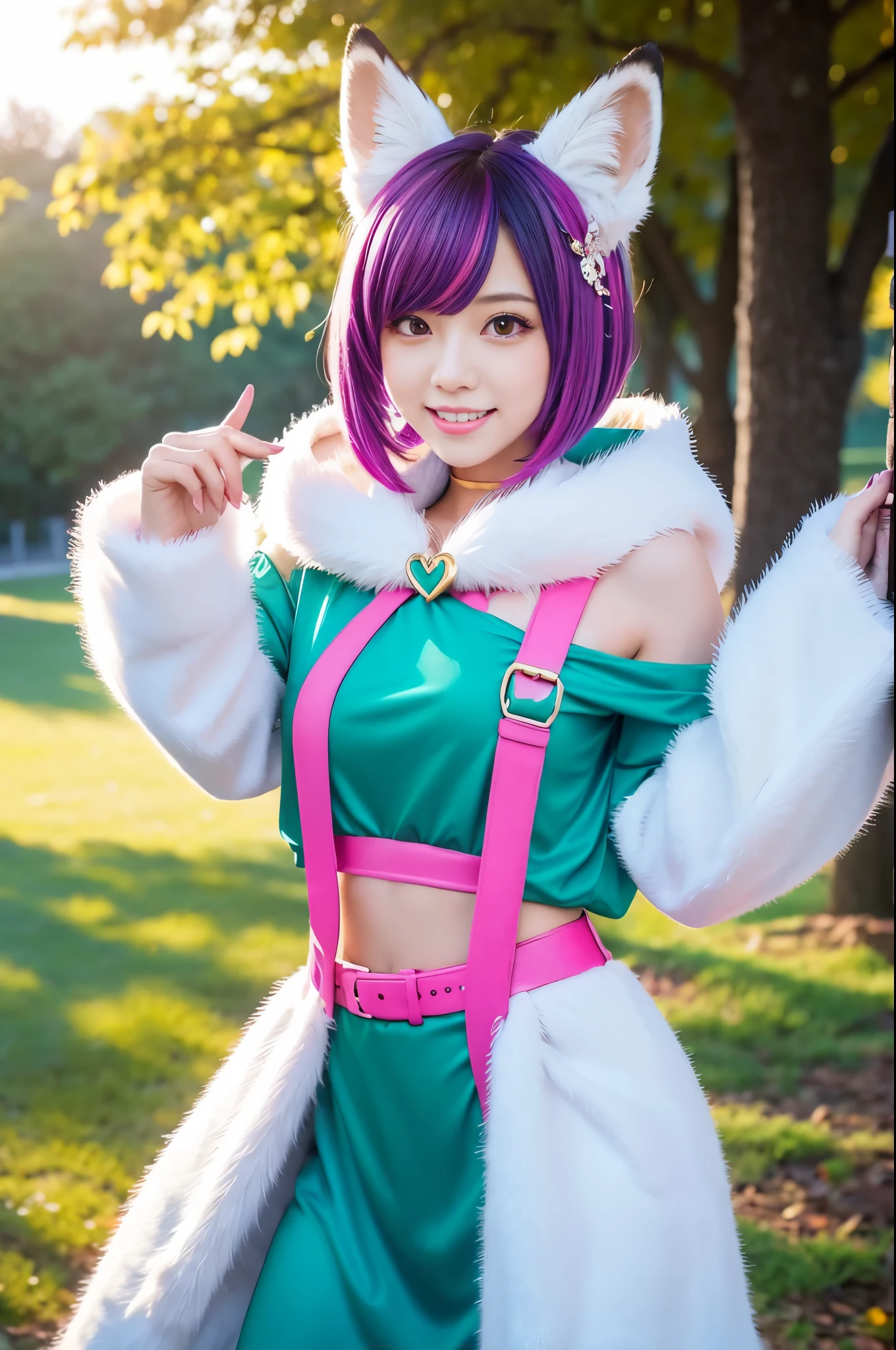 ultra sexy female, (-anime), only 1 female, very short hair, beautiful smile, lipgloss, long lashes, defined eyebrows, detailed fox anime cosplay, fluffy fur vivid colors outfit, cosplay accessoires, fox ears, vivid colors, look at the camera, cinematic light, large park background with trees, sweet and sexy pose