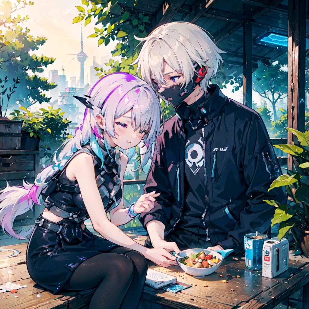 Disorganized、Man and woman couple、highest quality、Masterpiece、Official Art、16K、The best composition、The best light source、The girl has milky white hair with purple inner color, twin long braids, and black clothes in a cyberpunk style.、The man has milky white short hair and a cyberpunk look in white and light blue.、A kind smile、They are touching foreheads, closing their eyes and smiling happily.、The glitter of sunlight filtering through the trees、