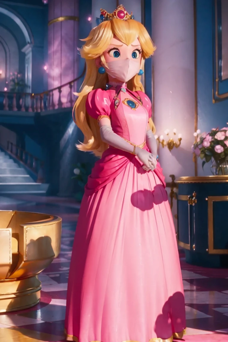 (Inside a doungeon),  A  Princess Peach wearing a beautiful hot long pink dress, she is over 6 feet tall and wears a golden crown atop her blond hair and white gloves , ((full model view, full body view)), (shibari, bondage, arms behind back:1.4), standing, shibari, , (tight face mask), (tigth mask), (face masked), (mask gag), (tight bandana masked)