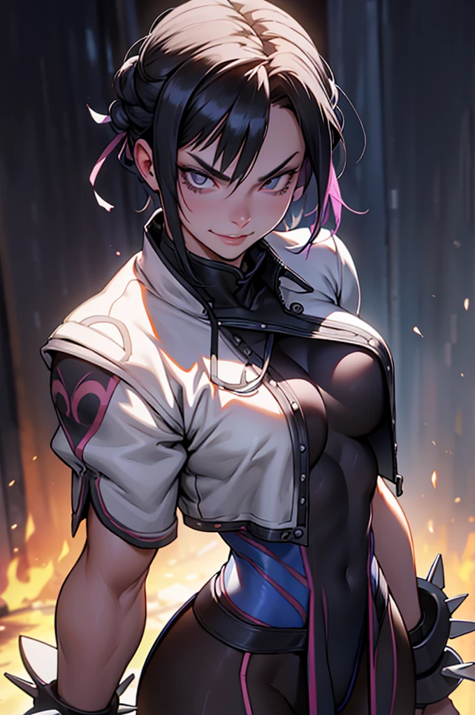 evil smile solo, masterpiece, best quality, agrias, grey sweater, black leotard, standing, looking at viewer, short hair,oculos,evil smile, evil look,luvas preta,roupa azul,yandere rosto,low lighting,coxa sarada copo detalhado,olhando para frente,short hair, franja, sombra nas franjas, franja nos olhos,olhando para cima