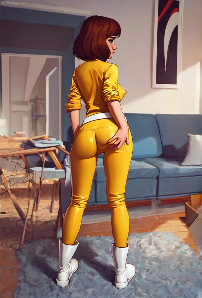 score_9, score_8_up, score_7_up, absurdres, april o'neil, 1girl, solo, short brown hair, black eyes, full body, yellow jumpsuit, sleeves rolled up, white belt, high white boots, tight clothes, standing , by sofa, in her room, sad, shy, cameltoe, nipples, ass, back view, ass focus, spread ass, ass zoom in,