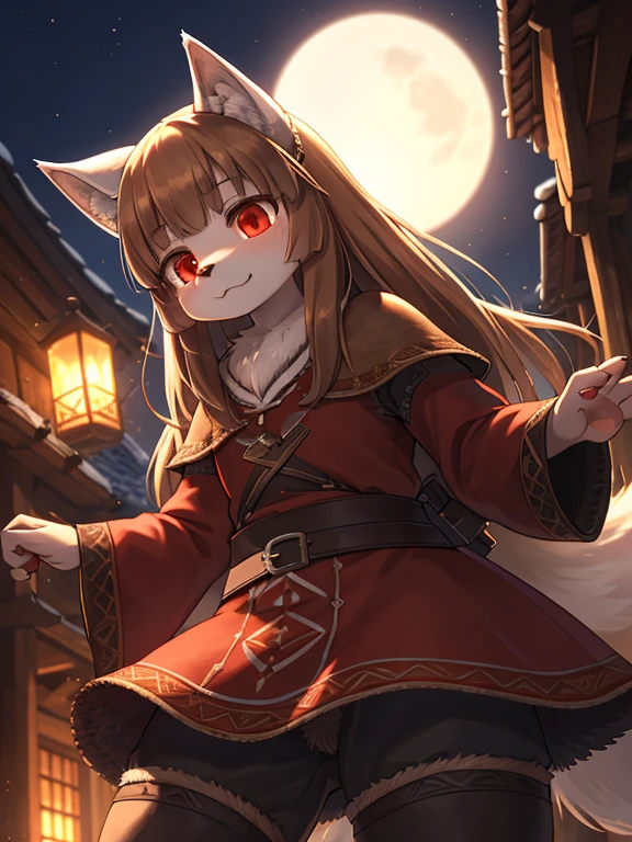 spice and wolf style , Unrealistic Perspective , dynamic angle , rule of thirds Layout , Bokeh , dynamic fashion model action , hairy wolf girl , realistic hairy fur , round face , moist round red eyes , Swollen cheeks , white skin , white fur , (midnight , blue moon light) , (neat Clothing:1.2) , (Sit down and show your butt from the front:0.6)