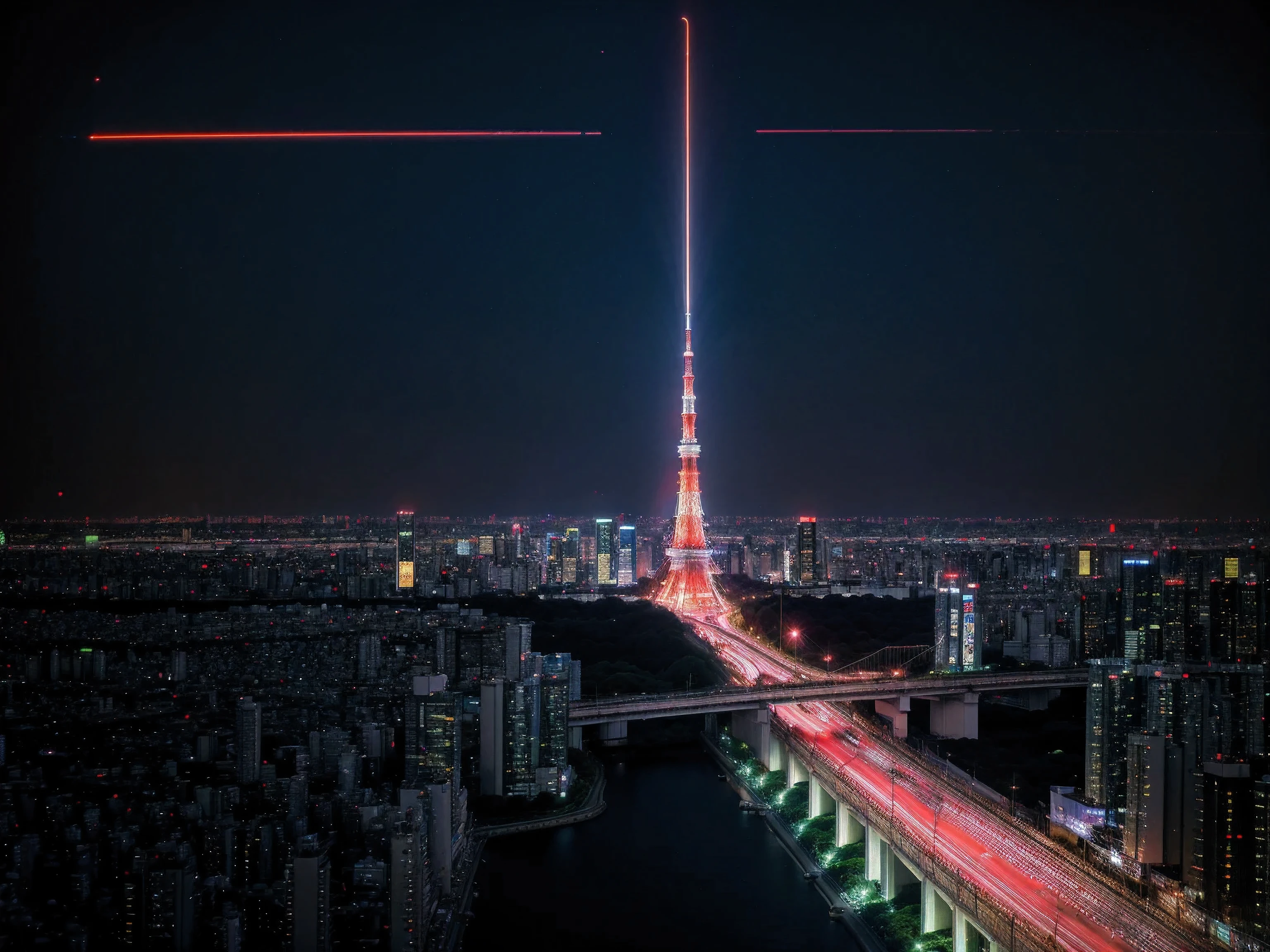 imagine Tokyo in 2050, (zoom out:1.2), highway, highway junctions, high rise building, Odaiba, Tokyo tower, (night:1.2), (night view:1.2), lasers, neon sign, speeding cars