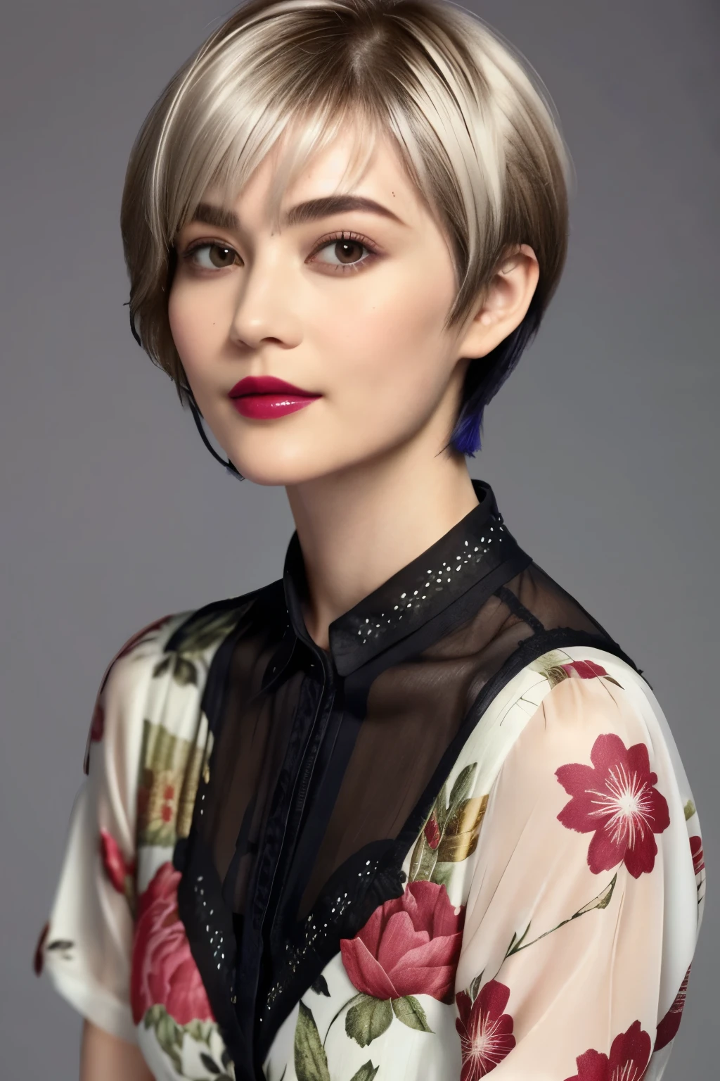 228 (20-year-old woman,Floral clothes), ((Beautiful Hairstyles 46)), ((short hair:1.46)), (lipstick)