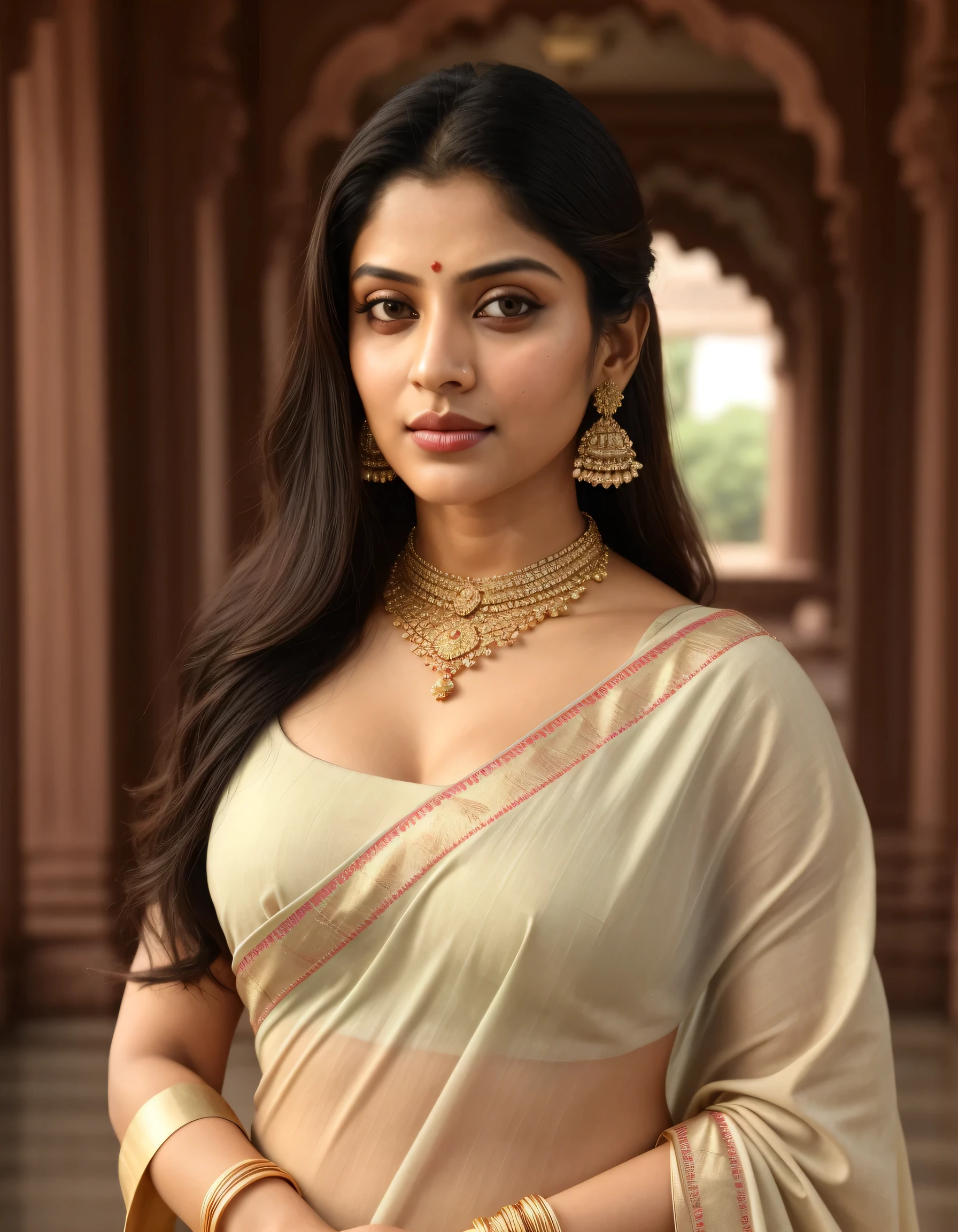 Btflindngds, a beautiful girl, beautiful eyes, big lips, gorgeous actress, Indian, photograph by artgerm and (greg rutkowski:0.3), medium breasts, royal mansion , soft smile, wearing pack neck plain saree, jewellery, choker, necklace