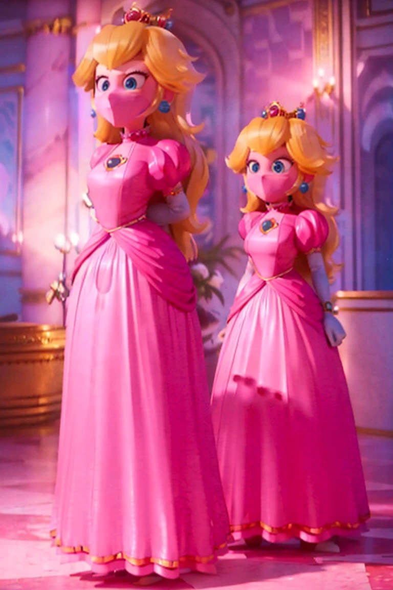 score_9, score_8_up, score_7_up, solo, 1girl, Princess Peach \(Mario Bros\), (huge breasts ), (Perfect thin body), (wearing a pink dress), ((inside a a castle)), (master part, High definition, (8k), ( perfect face), (ultra details) (perfect hands, eye, the face),  (shibari, arms behind back:1.4), full body, complete body, standing, standing, mask, mask neck corset, mask corset, belt bondage, black mask, tight mask, over the nose gag, black tape, (armbinder:1.4), 