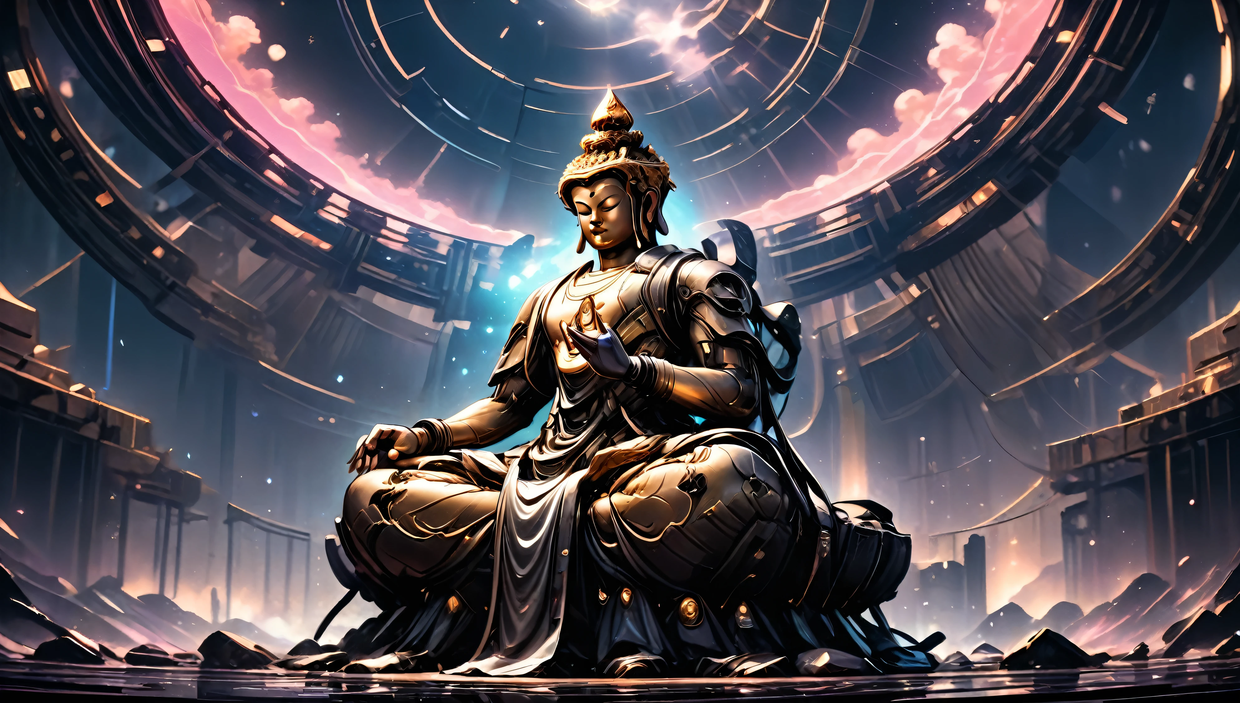 (best quality,highres,ultra-detailed,realistic:1.37),immersive view of the Sacred Mountain with the Enlightened One, Buddha, in the center, surrounded by vibrant neon lights and a cyberpunk atmosphere. The Buddha statue is made of a liquid metal material, reflecting the surrounding lights in a mesmerizing way. The details of the statue are meticulously crafted, showcasing the serene face, intricate hand gestures, and a glowing halo behind. The scene is bathed in a soft, ethereal light, creating a peaceful yet futuristic ambiance.