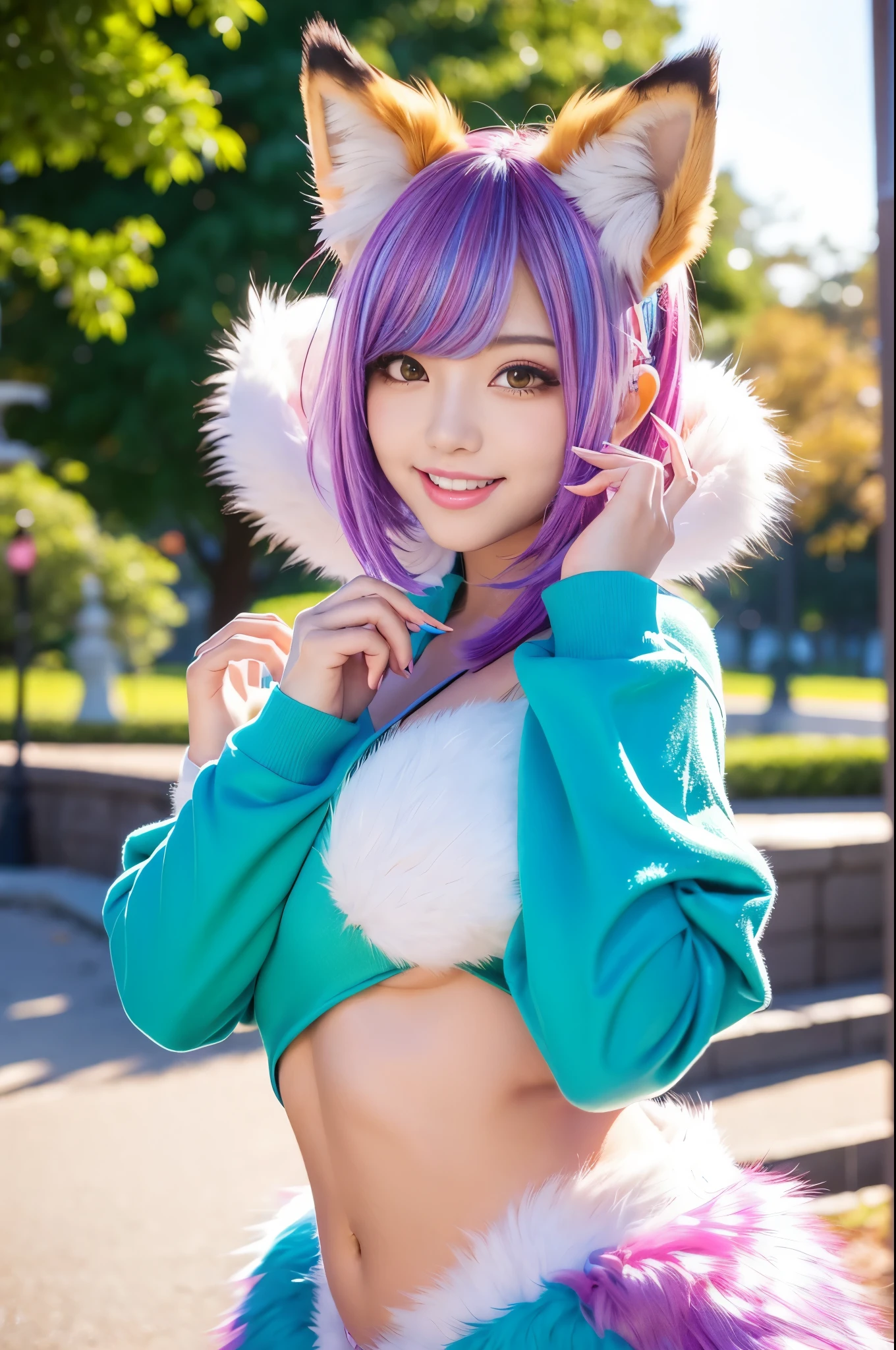 sexy swedish model, (-anime), only 1 model, very short hair, beautiful smile, lipgloss, long lashes, defined eyebrows, long fur fox cosplay, ((long fur vivid colors outfit)), ((fox accessoires)), fox ears, vivid colors, look at the camera, cinematic light, large park background with trees, sweet and sexy pose