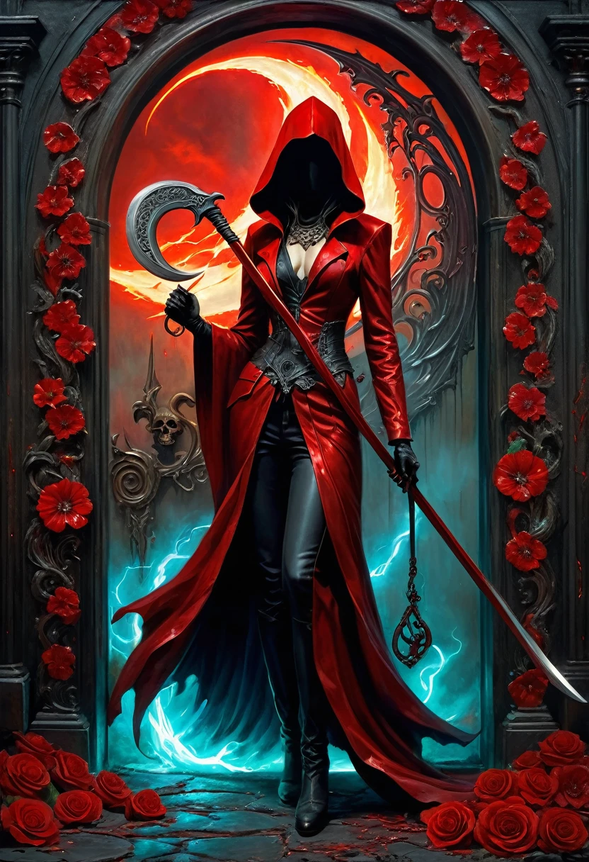 A painting of a beautiful red-robed female death standing in front of，Holding the Reaper Scythe，Door of hell，Blooming bloody ghost flower，soul，Charm，frivolous，mystery，Heavy Metal Style，Metal Art，The flowers made of iron have a metallic luster，Metal texture in the post-industrial era，Crystal Pendant，Jadeite Inlay，Carefully crafted，Perfect craftsmanship，Blue magic lightning background，Dark fantasy art，Dark fantasy concept art，Bloodborne concept art，Dark Concept Art，Dark Digital Concept Art，Dark fantasy art style，CG Society，Red Blood Art，Realistic Dark Concept Art，Concept Movies，Art in dark fantasy style，Fantasy illustration