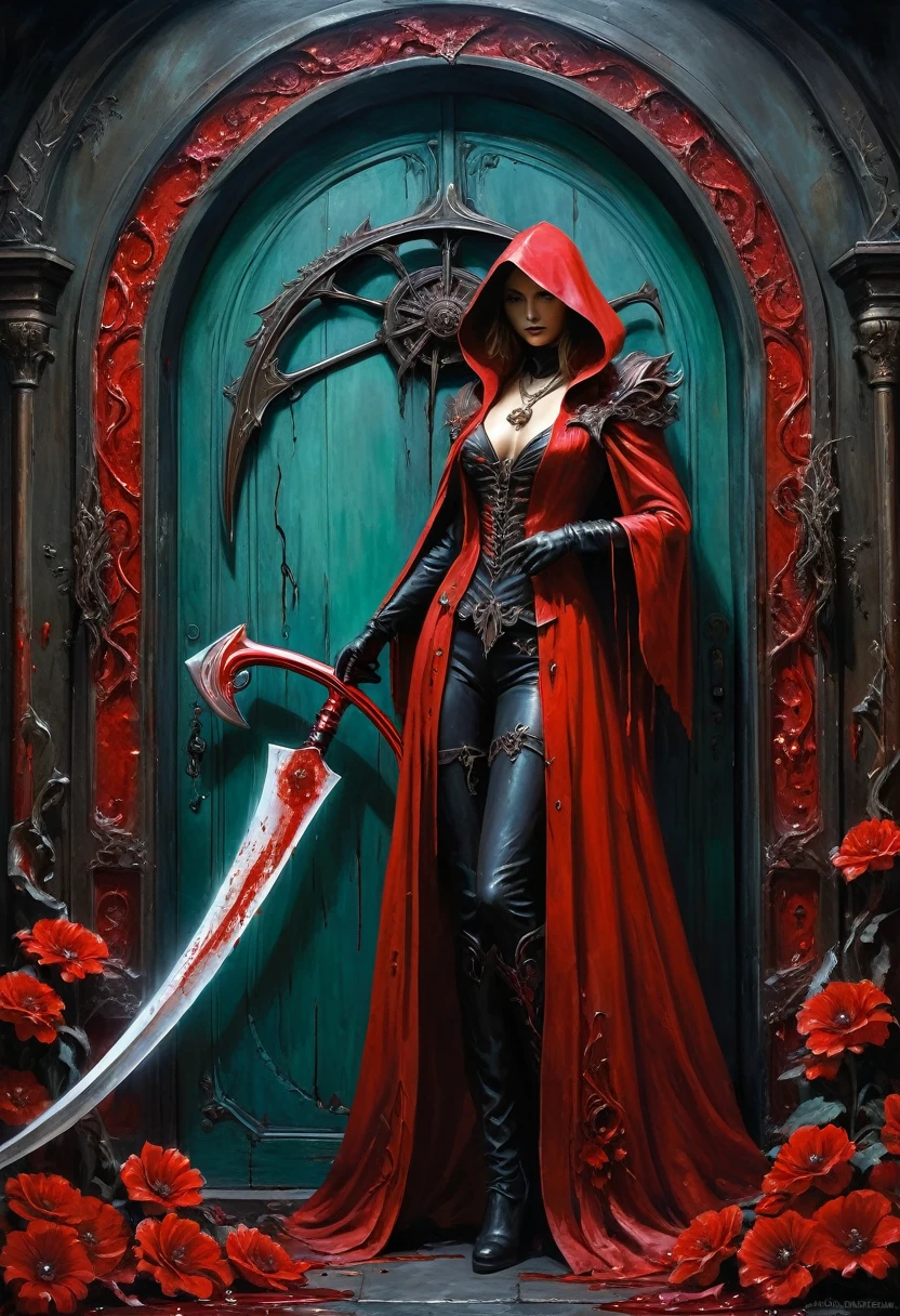 A painting of a beautiful red-robed female death standing in front of，Holding the Reaper Scythe，Door of hell，Blooming bloody ghost flower，soul，Charm，frivolous，mystery，Heavy Metal Style，Metal Art，The flowers made of iron have a metallic luster，Metal texture in the post-industrial era，Crystal Pendant，Jadeite Inlay，Carefully crafted，Perfect craftsmanship，Blue magic lightning background，Dark fantasy art，Dark fantasy concept art，Bloodborne concept art，Dark Concept Art，Dark Digital Concept Art，Dark fantasy art style，CG Society，Red Blood Art，Realistic Dark Concept Art，Concept Movies，Art in dark fantasy style，Fantasy illustration