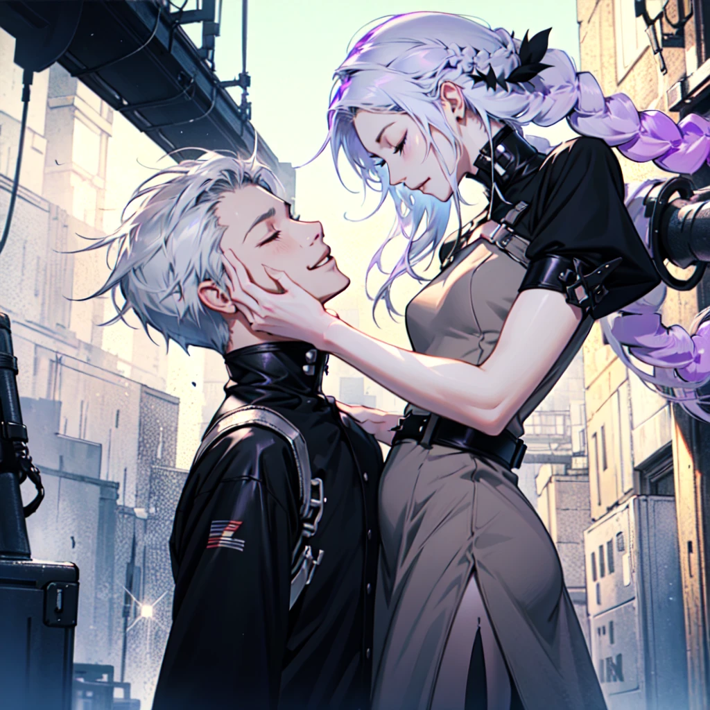 Disorganized、Man and woman couple、highest quality、Masterpiece、Official Art、16K、The best composition、The best light source、The girl has milky white hair with purple inner color, twin long braids, and black clothes in a cyberpunk style.、The man has milky white short hair and a cyberpunk look in white and light blue.、A kind smile、They are touching foreheads, closing their eyes and smiling happily.、The glitter of sunlight filtering through the trees、