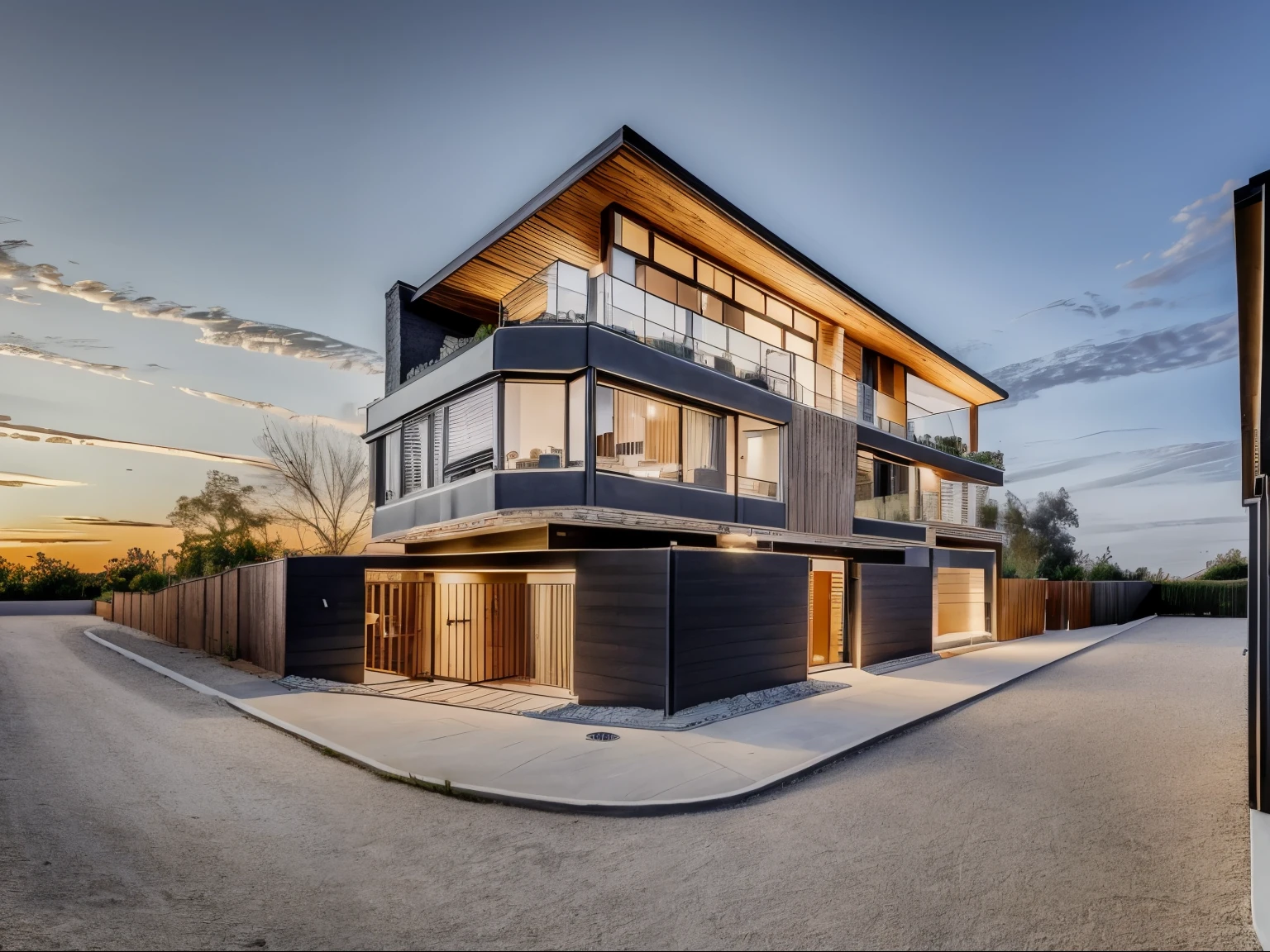 arafed maison moderne with a large balcony and a brick driveway, maison contemporaine, large modern residence, chef d'well designed work, vue de face, maison moderne, exterior wide angle 2022, architecture contemporaine, archaic, un plan lointain de face, maison conceptuelle, Neoclassical, Neoclassical, conception architecturale globale, maison urbaine, award-winning modern design