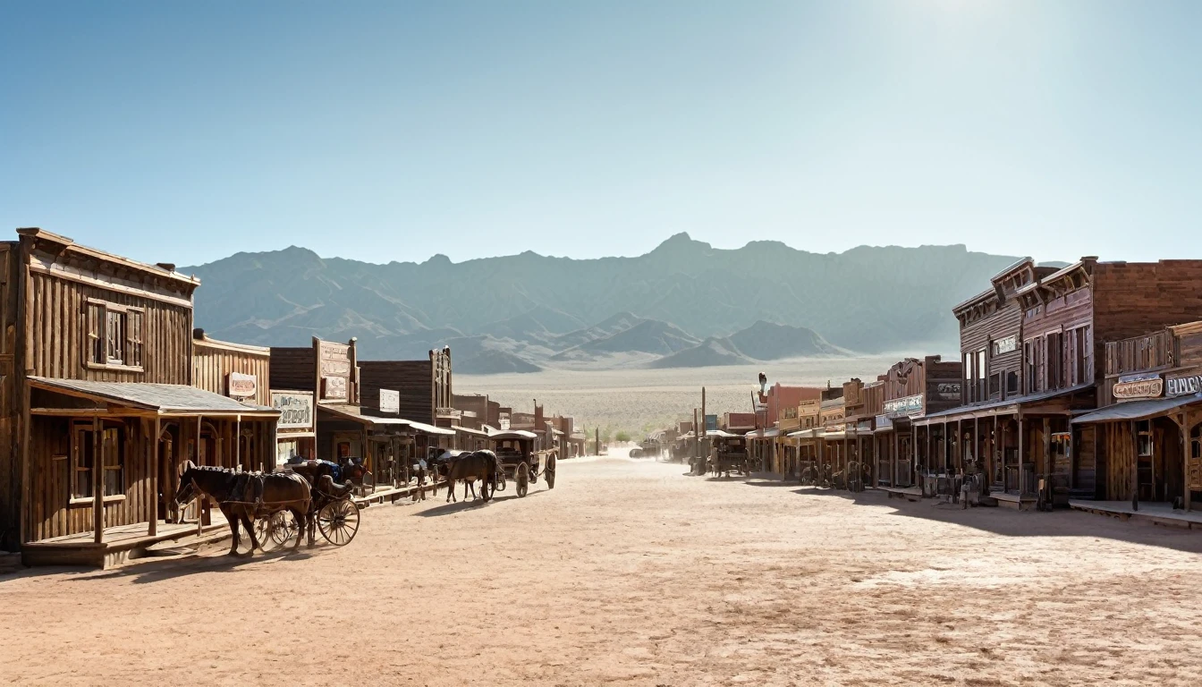 The image depicts a Western-style town set in a desert environment. The town is constructed with wooden buildings, featuring storefronts with signs that suggest a variety of businesses, such as a general store, saloon, and possibly a hotel or restaurant. The architecture is reminiscent of the American Old West, with wooden facades and a rustic appearance.
In the foreground, there are a couple of horse-drawn carriages, which further emphasize the historical setting. The ground is covered with a layer of dirt, and the sky is clear with a few clouds, suggesting a sunny day.
In the background, there are majestic mountains that rise against the horizon, adding a sense of scale and isolation to the scene. The mountains appear to be rocky and rugged, typical of desert landscapes. The overall setting is evocative of the American Southwest, possibly a location that has been used for filming Western movies or as a tourist attraction.
