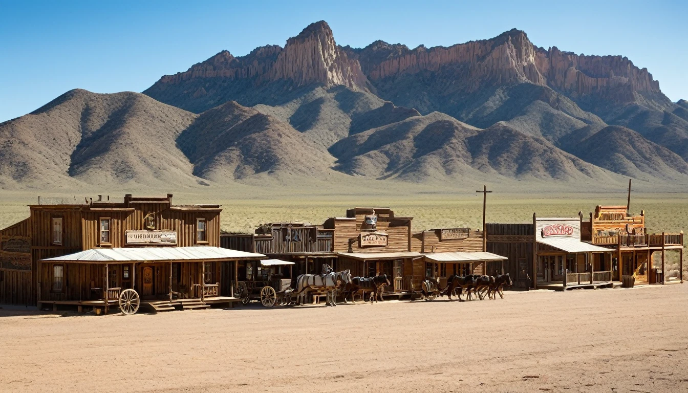 The image depicts a Western-style town set in a desert environment. The town is constructed with wooden buildings, featuring storefronts with signs that suggest a variety of businesses, such as a general store, saloon, and possibly a hotel or restaurant. The architecture is reminiscent of the American Old West, with wooden facades and a rustic appearance.
In the foreground, there are a couple of horse-drawn carriages, which further emphasize the historical setting. The ground is covered with a layer of dirt, and the sky is clear with a few clouds, suggesting a sunny day.
In the background, there are majestic mountains that rise against the horizon, adding a sense of scale and isolation to the scene. The mountains appear to be rocky and rugged, typical of desert landscapes. The overall setting is evocative of the American Southwest, possibly a location that has been used for filming Western movies or as a tourist attraction.