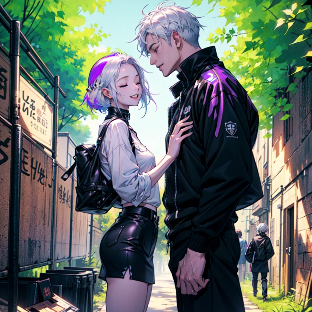 Disorganized、Man and woman couple、highest quality、Masterpiece、Official Art、16K、The best composition、The best light source、The girl has milky white hair with purple inner color, twin long braids, and black clothes in a cyberpunk style.、The man has milky white short hair and a cyberpunk look in white and light blue.、A kind smile、They are touching foreheads, closing their eyes and smiling happily.、The glitter of sunlight filtering through the trees、