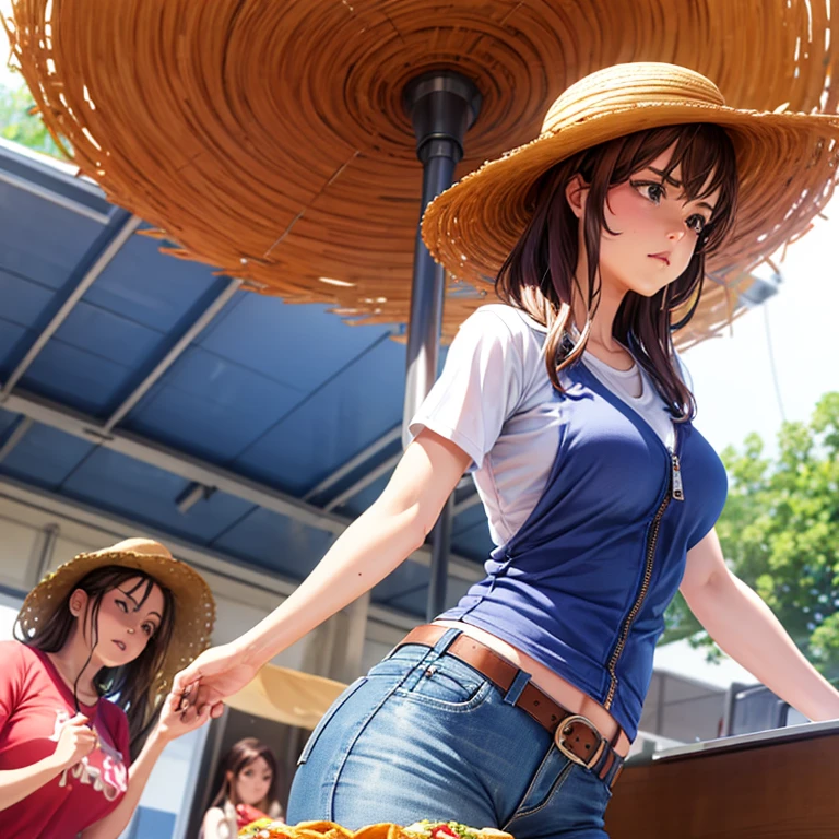 A woman in full-zip shorts eats a tlayuda at a taco stand Jeans have a belt With side slits Big Ass Upper body naked Brown Hair Straw hat