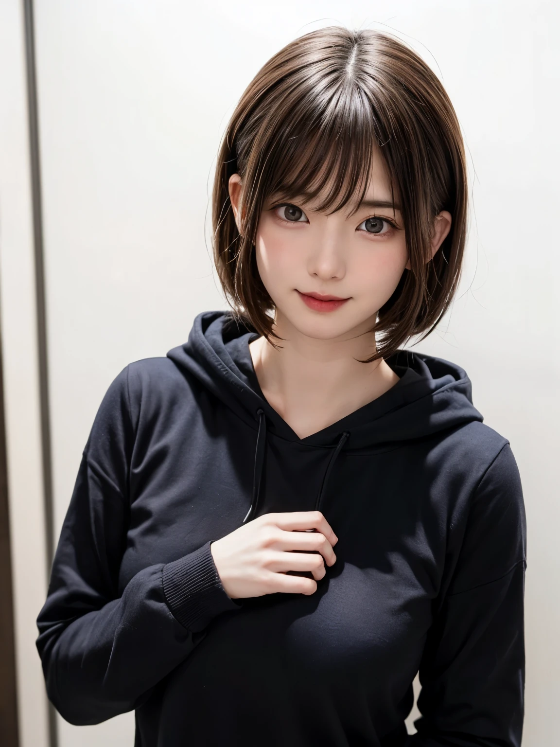 1 girl, alone, alone focus, Cowboy Shot, Portraiture, Small size hoodie, Aqua green and white hoodie:1.4, Half watercolor, Half Green, ((Brown Hair)), (Short Bob Hair、Gradient Hair :1.5), Curly Hair, ((Pink Eyes)), Very detailedな目, Sunburn, (Dark Caramel Skin:1.1、{Huge|big|Hugeな|Mega} chest:2, chestの谷間:2、Attractive and beautiful woman、Happy smiling face with mouth closed), highest quality, Very detailed, so beautiful、White Background, Simple Background