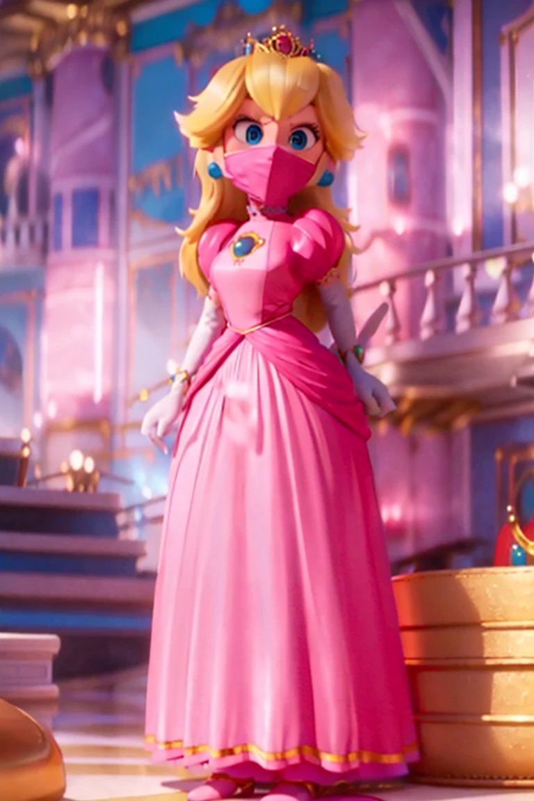 solo, 1girl, (Inside a doungeon),  A  Princess Peach wearing a beautiful hot long pink dress, she is over 6 feet tall and wears a golden crown atop her blond hair and white gloves , ((full model view, full body view)), (shibari, bondage, arms behind back:1.4), standing, shibari, , (tight face mask), (tigth mask), (face masked), (mask gag)