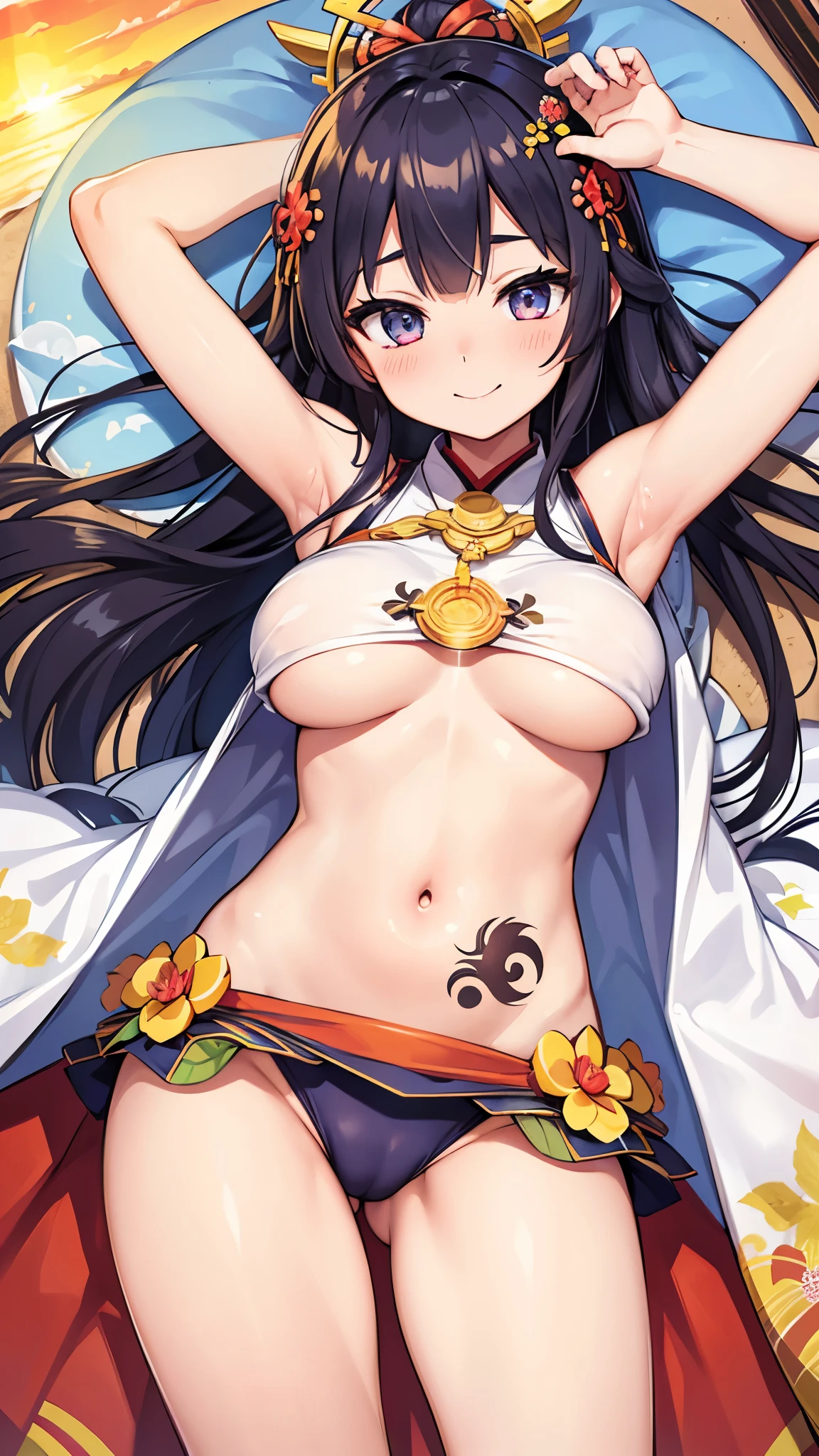 goddess of japan, amateras, navel, armpits, underboob , detailed kimono, detailed eyes, smile, circle tattoo around navel, sunrise, circle of sunshine, kaleidoscope,