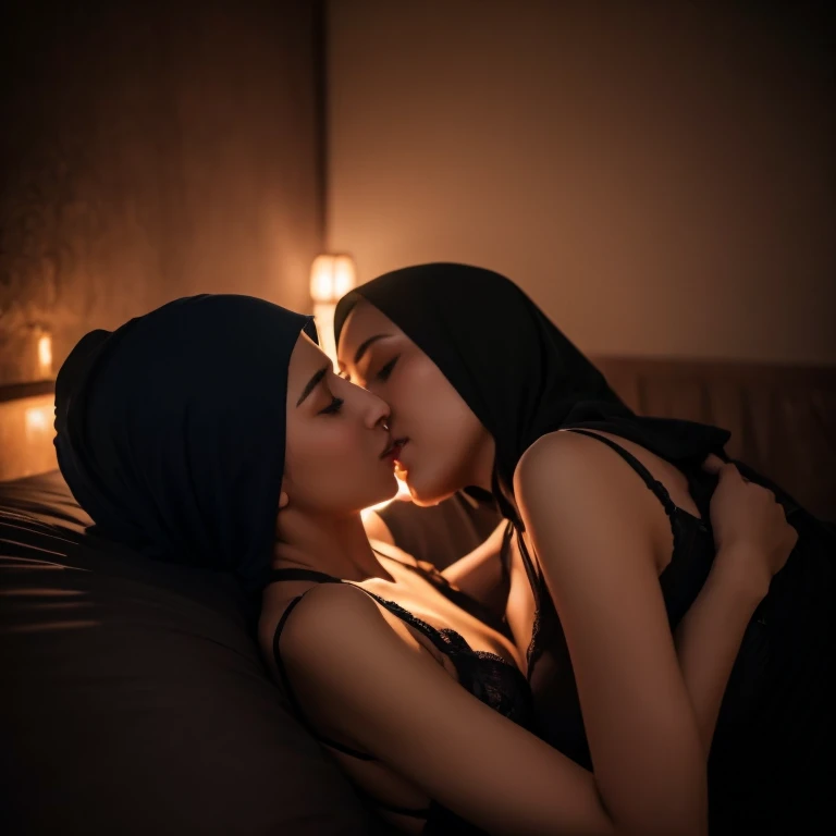 portrait of two lesbian hijab women embracing,woman holding another woman,posing in bed,8k,with raining effect room atmosphere,,dark lighting,,kissing in bed,romanticly,,intimate,,cuddling,,bra only