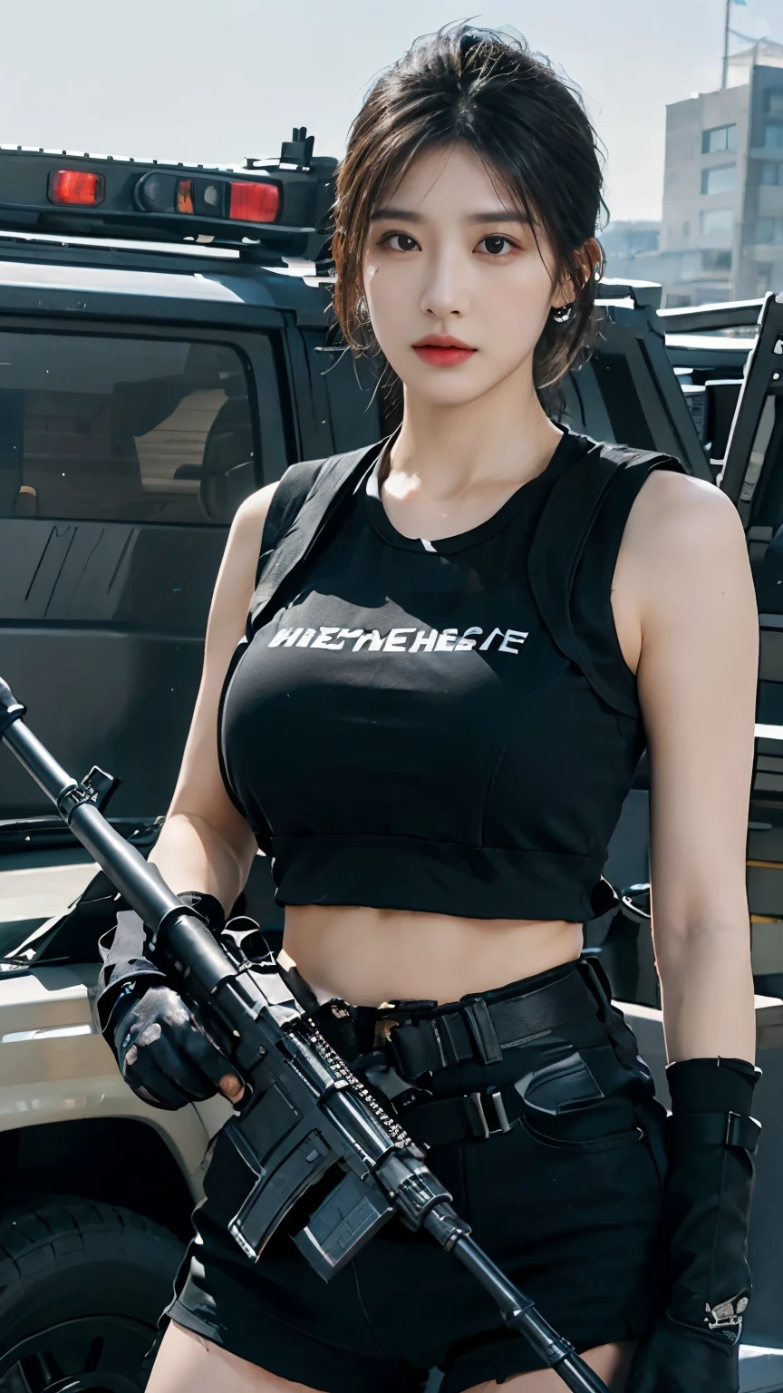 ((highest quality)), (masterpiece), realistic, photorealism, One girl aiming with an assault rifle, High resolution, 1 female, open bra, (huge :1.5), view viewer, (detailed face), (high top fade:1.3) , SWAT vest, earrings, black gloves, battlefield costume, bare stomach and shoulders, Intercrural legs, building background,