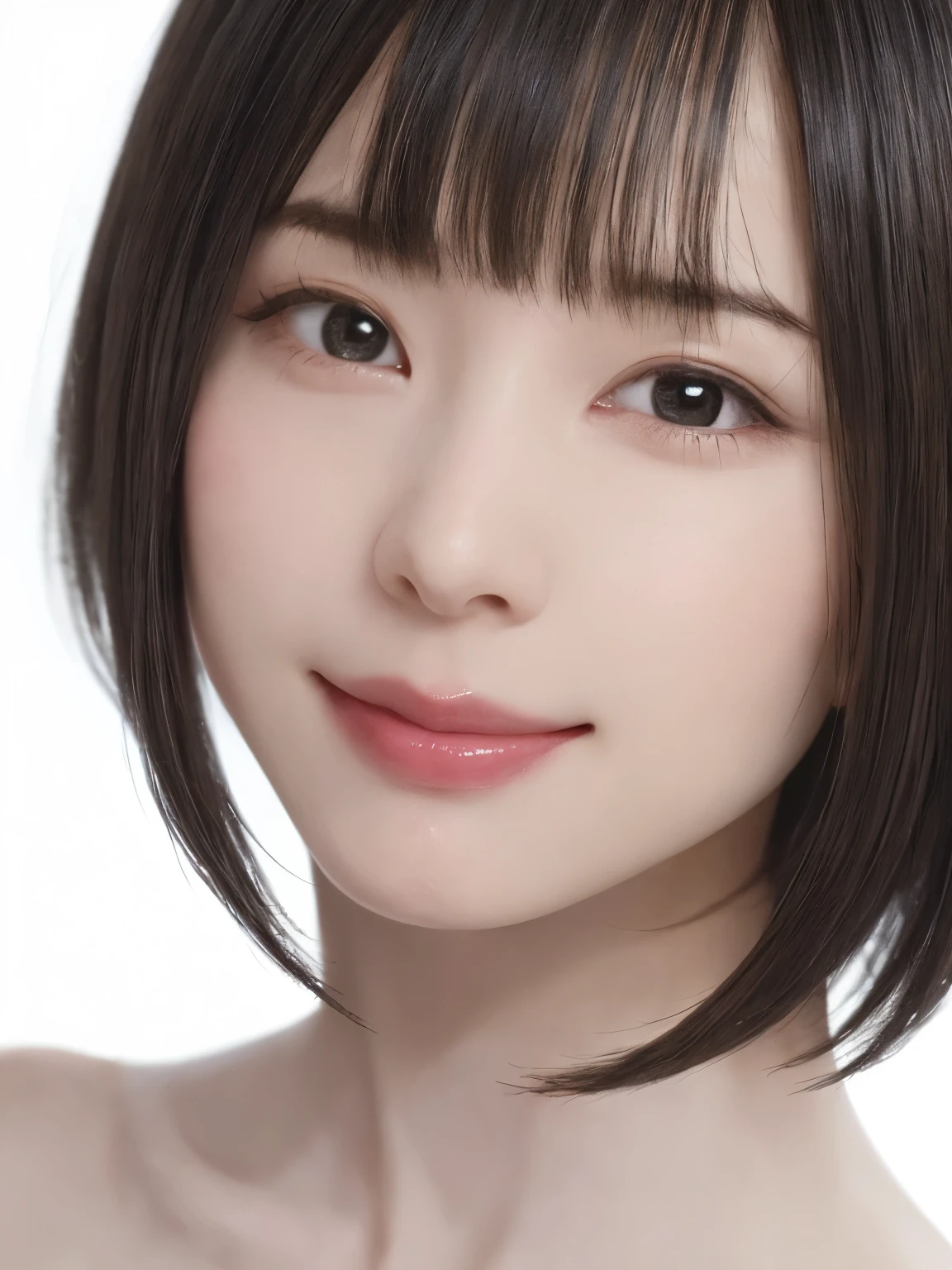 1 girl, alone, Shiny skin, chest, very detaileded, ultra detaileded, Ultra-high resolution, whole body, (Photorealism:1.4), (highest quality), (Best Shadow), Ulzzang-6500, detailed, Perfect lighting, Black Hair, ((Showpiece, highest quality, High precision)), One Girl, (big chest, Realistic: 1.4), (look up at the camera even a little, カメラをlook up, look up, look up at the camera, Looking into the camera))), alone, , White Background, snow-White Background, shut up., smile, pretty Black Hair, short hair, Big eyes, Transparent double eyelids, eyelash, listen, Long neck, Long neck, Absolute area, ((Face close-up, short hair with bangs)), 19 years old, Attractive proportions, Shiny skin, Beautiful clavicle, Golden ratio face, Perfect Face, Teardrop-shaped mole, chestのほくろ, bangs, clean bangs, beautiful bangs, Lip gloss, Thin lips, White skin, I took off my clothes, big chest, Small face, Small face, 少し上を向いてLooking into the camera, ((smile a little for the camera, really nothing pure White Background, very big big chest, big chest))