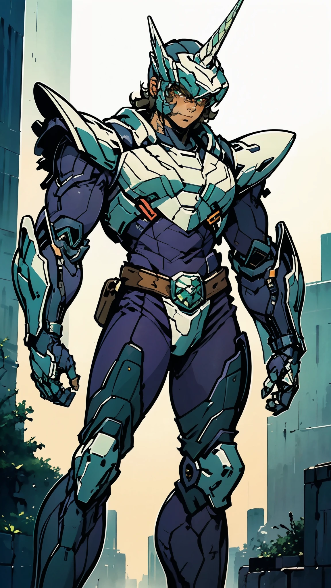 A man wearing a full-face helmet, a fantasy-style biotech armored combat suit, green eyes, (a composite layered chest armor), fully enclosed shoulder guards, matching arm and leg guards, the belt is adorned with Horseshoe-shaped marker, (the color scheme is primarily white with green accents), the design balances heavy with agility, a high-tech bio-mecha armor, (Armor Concept Inspired by Unicorn, stand on the top of a skyscraper in a futuristic sci-fi city), this character embodies a finely crafted fantasy-surreal style armored hero in anime style, exquisite and mature manga art style, (battle damage, element, plasma, energy, the armor glows), ((male:1.5)), metallic, real texture material, dramatic, high definition, best quality, highres, ultra-detailed, ultra-fine painting, extremely delicate, professional, perfect body proportions, golden ratio, anatomically correct, symmetrical face, extremely detailed eyes and face, high quality eyes, creativity, RAW photo, UHD, 32k, Natural light, cinematic lighting, masterpiece-anatomy-perfect, masterpiece:1.5