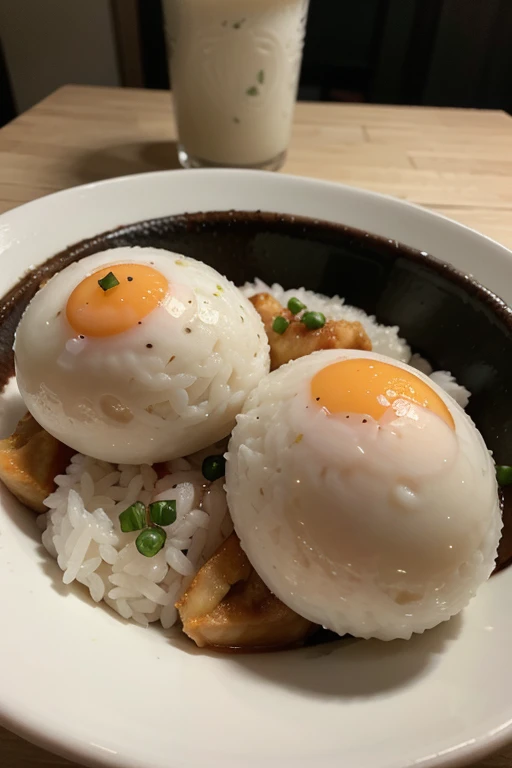 a rice with two fried eggs
