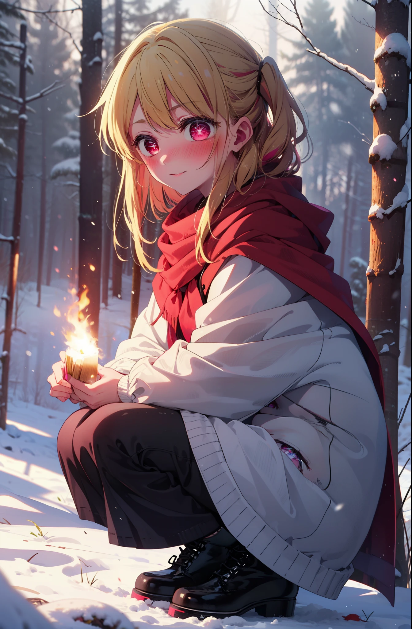 rubyhoshino, Hoshino Ruby, Long Hair, bangs, Blonde Hair, (Pink Eyes:1.3), (Symbol-shaped pupil:1.5), Multicolored Hair, Two-tone hair, smile,blush,White Breath,
Open your mouth,snow,Ground bonfire, Outdoor, boots, snowing, From the side, wood, suitcase, Cape, Blurred, , forest, White handbag, nature, Squat, Mouth closed, Cape, winter, Written boundary depth, Black shoes, red Cape break looking at viewer, Upper Body, whole body, break Outdoor, forest, nature, break (masterpiece:1.2), highest quality, High resolution, unity 8k wallpaper, (shape:0.8), (Beautiful and beautiful eyes:1.6), Highly detailed face, Perfect lighting, Extremely detailed CG, (Perfect hands, Perfect Anatomy),