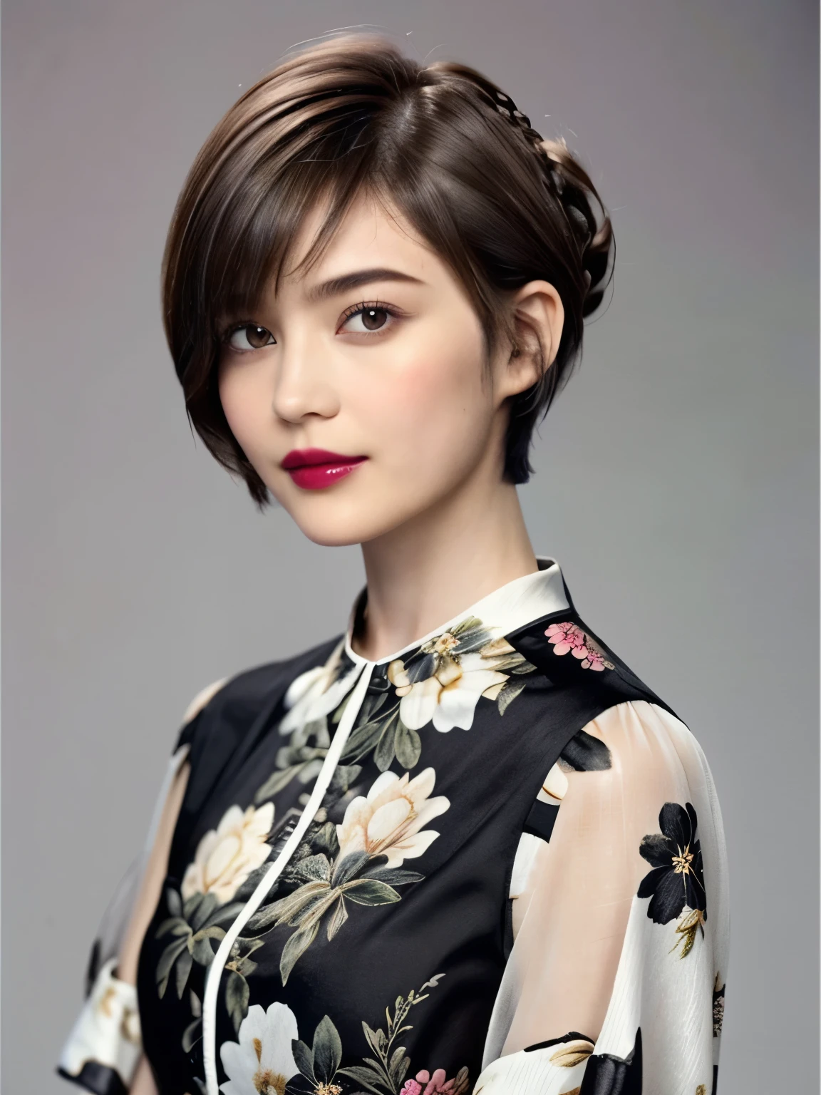 228 (20-year-old woman,Floral clothes),  ((Beautiful Hairstyles 46)), ((short hair:1.46)),  (lipstick)