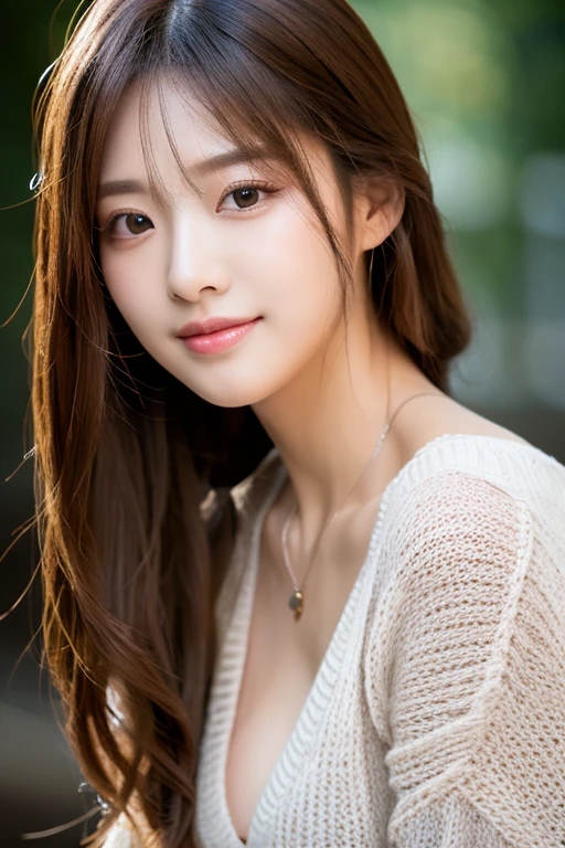 (masterpiece:1.3), (8k, Photorealistic, Raw photo, Best image quality: 1.4), Korean Idols、Hallyu Makeup、(Random Hairstyles:1.2)、Cleavage:1.2、Super detailed face、Attention to detail、double eyelid、Beautiful woman:1.4、Light brown hair、highest quality、masterpiece、超A high resolution、(Photorealistic:1.4)、Highly detailed and professionally lit smile、Loose, lightweight knitwear、Shoulders out、thin、Serious expression、Deadly position、Random Angles