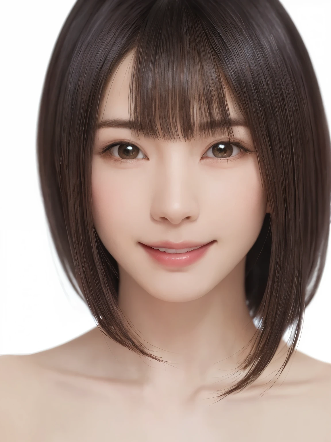 1 girl, alone, Shiny skin, chest, very detaileded, ultra detaileded, Ultra-high resolution, whole body, (Photorealism:1.4), (highest quality), (Best Shadow), Ulzzang-6500, detailed, Perfect lighting, Black Hair, ((Showpiece, highest quality, High precision)), One Girl, (big chest, Realistic: 1.4), (look up at the camera even a little, カメラをlook up, look up, look up at the camera, Looking into the camera))), alone, , White Background, snow-White Background, shut up., smile, pretty Black Hair, short hair, Big eyes, Transparent double eyelids, eyelash, listen, Long neck, Long neck, Absolute area, ((Face close-up, short hair with bangs)), 19 years old, Attractive proportions, Shiny skin, Beautiful clavicle, Golden ratio face, Perfect Face, Teardrop-shaped mole, chestのほくろ, bangs, clean bangs, beautiful bangs, Lip gloss, Thin lips, White skin, I took off my clothes, big chest, Small face, Small face, 少し上を向いてLooking into the camera, ((smile a little for the camera, really nothing pure White Background, very big big chest, big chest))